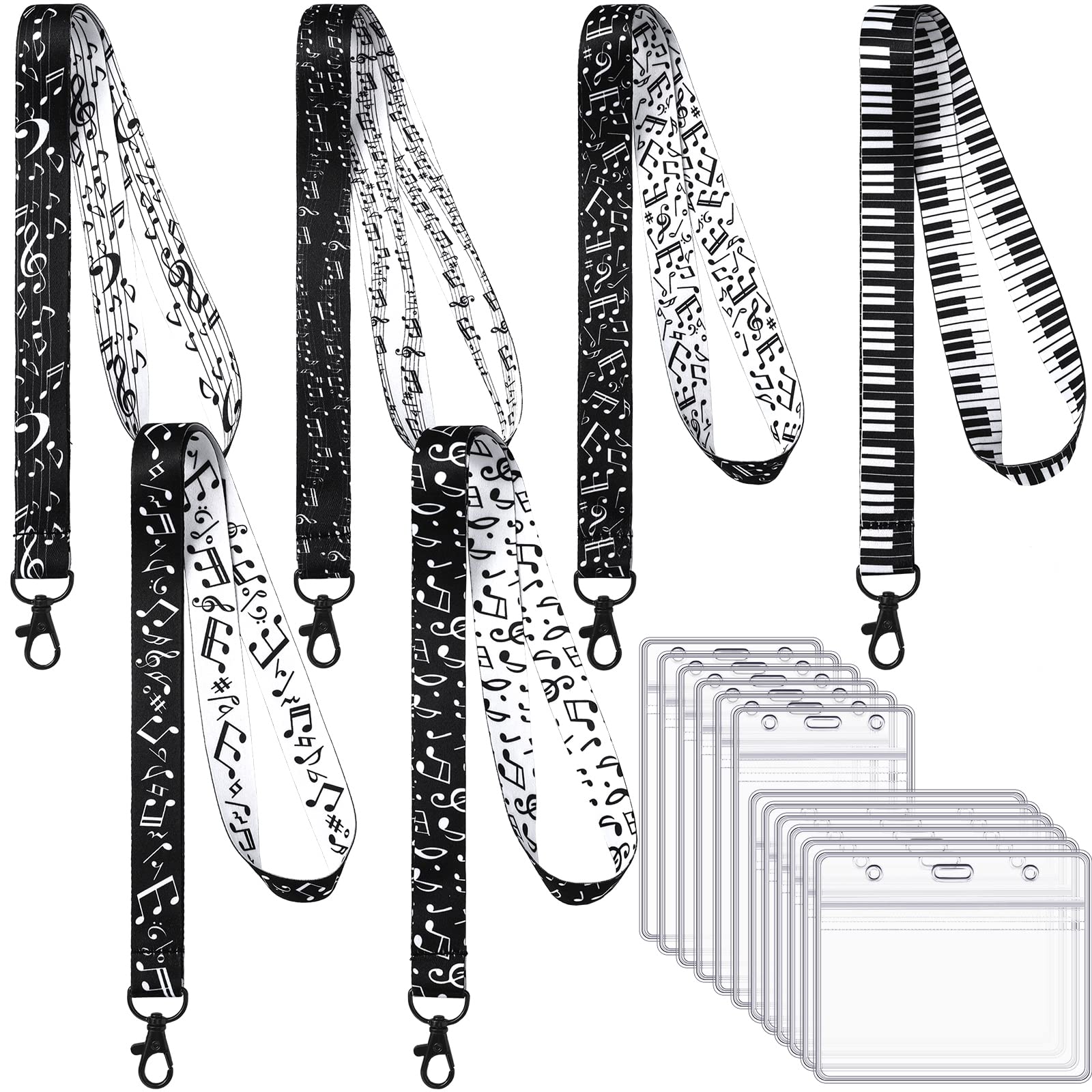 Fuutreo 18 Pcs Musical Notes Lanyard Keychain Set, 6 Music Lanyards for ID Badges Gift with 12 Card Sleeves, Badge Neck Lanyard ID Holder for Teacher