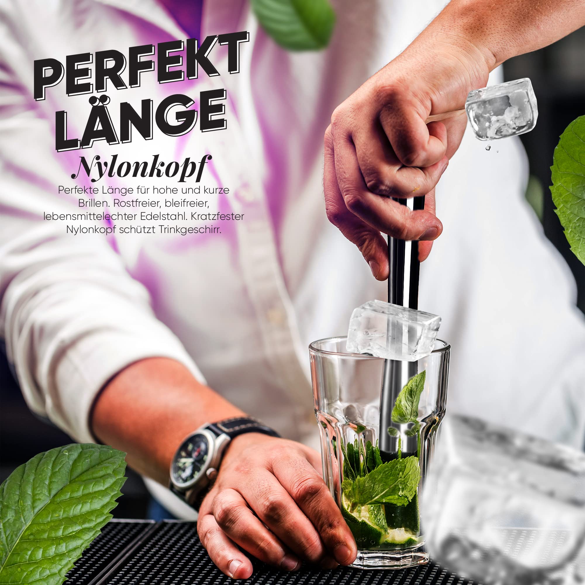 Cocktail Stößel-Set [Edelstahl] mit Zubehör - Muddler, Barlöffel & 2 Strohhalme - Eiscrusher, Stampfer, Barstößel, Caipirinha-Stössel, Mojito-Mörser, Limettenpresse | Profi-Barzubehör