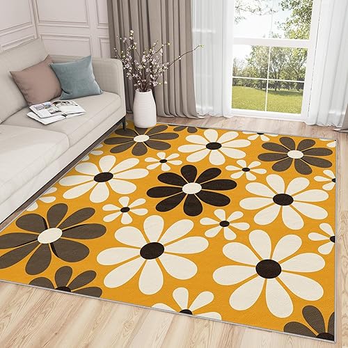 Miniatura 2 de Alfombra de los años 70 de 5 x 8 pulgadas, diseño de flores geniales para sala de estar y dormitorio, alfombra floral retro, lavable,