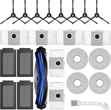 Unikstone 24 Pack Compatible with Ecovacs Deebot T50 Max Pro Omni,Only T50 Max Pro Omni Vacuum Cleaner Accessories Kit,1 Rubber Main Brush 4 Mop Pads 8 Side Brush 4 Hepa Filters 6 Vacuum Bags 1 Brush