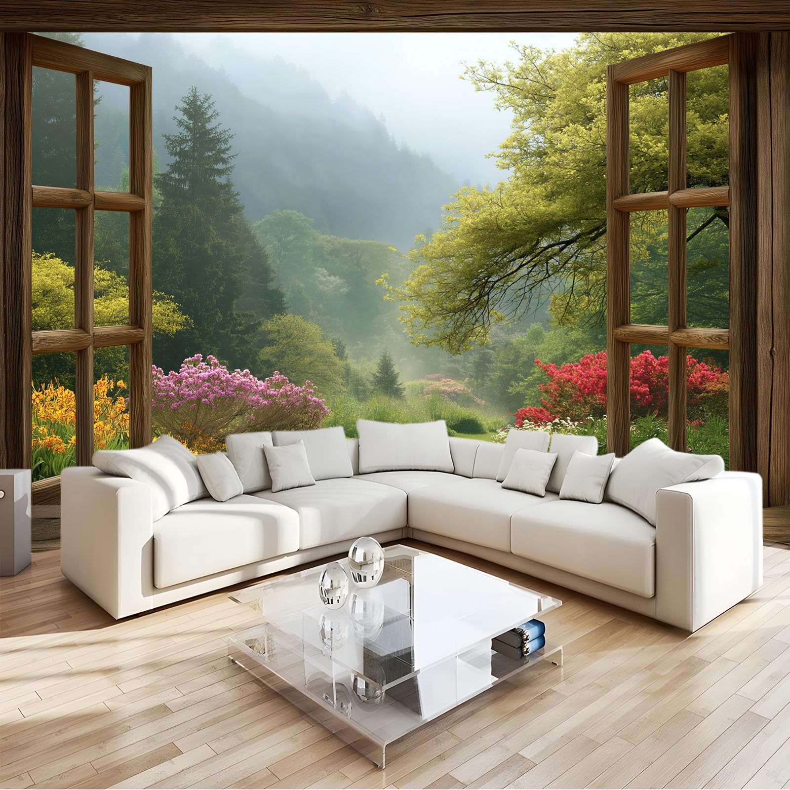 Générique 200 x 140 cm Carta da parati murale Panoramica Verde Carta da parati fotografica non tessuta - Rivestimento murale decorazione soggiorno per camera da letto - Effetto 3D - Finestre paesaggio