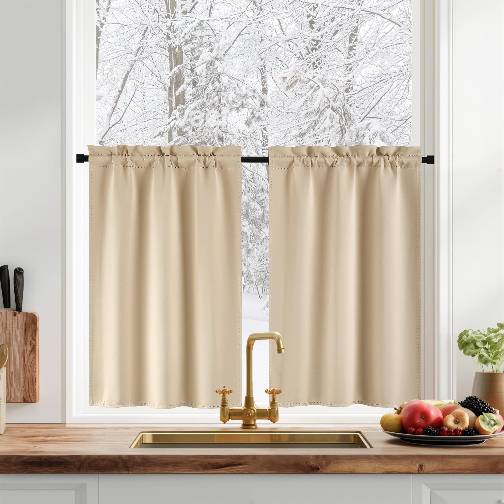 PONY DANCE Cortinas Cocina Ventana Cortinas Dormitorio Cortas 60x45 cm Cortina Opaca Termica Aislante Cortinas de Casa Cortinas Blackout Cortinas Rusticas, 2 Piezas, Beige Oscuro OEKO-TEX STANDARD 100