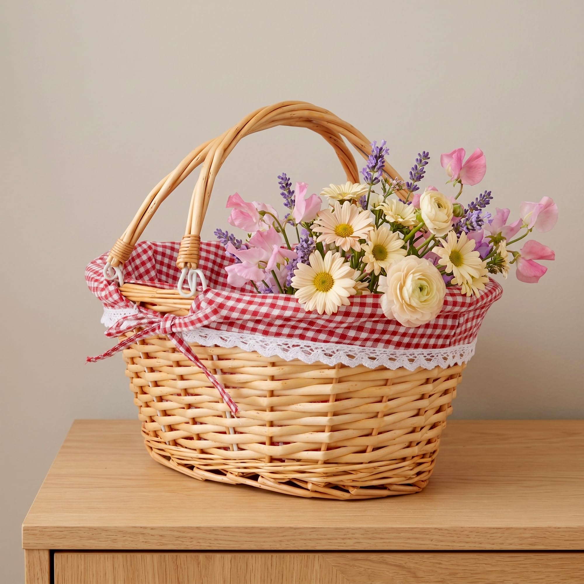 1 panier en osier avec anse - 36 x 28 x 17 cm - Panier de pique-nique ovale tressé avec poignées doubles et doublure - Panier vide, pour pique-nique, camping, mariage, décoration de Pâques