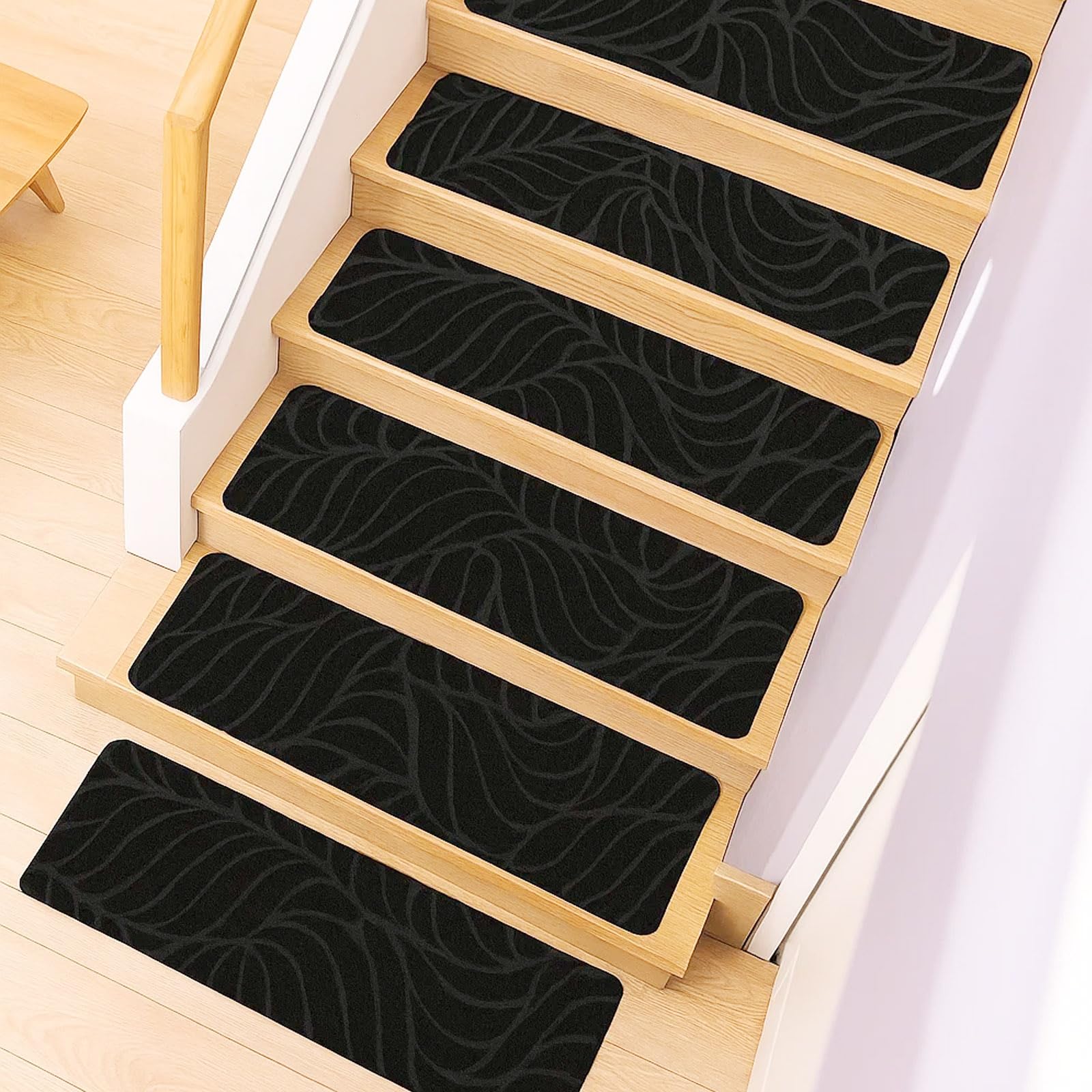 Youyijia 15pcs Stufenmatten Treppenmatten, 65x20cm Teppich Treppenstufen, Selbstklebend Stufenschutzmatte, Wiederverwendbar Anti-Rutsch Treppen für Kinder, Hunde, Ältere (Schwarz)