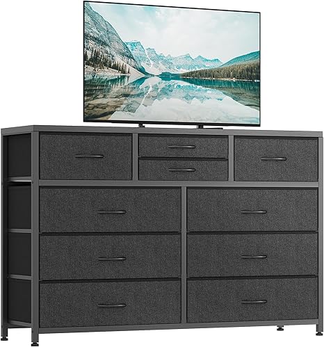 Jojoka Wide 10 Drawer Dresser,TV Stand Entertainment Center Fabric Storage Dressers Drawers for Bedroom, Hallway, Nursery, Closets, Steel Frame, Wood Top, Black_1