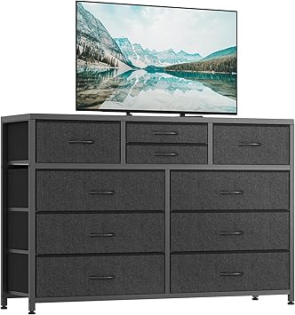 Jojoka Wide 10 Drawer Dresser,TV Stand Entertainment Center Fabric Storage Dressers Drawers for Bedroom, Hallway, Nursery, Closets, Steel Frame, Wood Top, Black_1