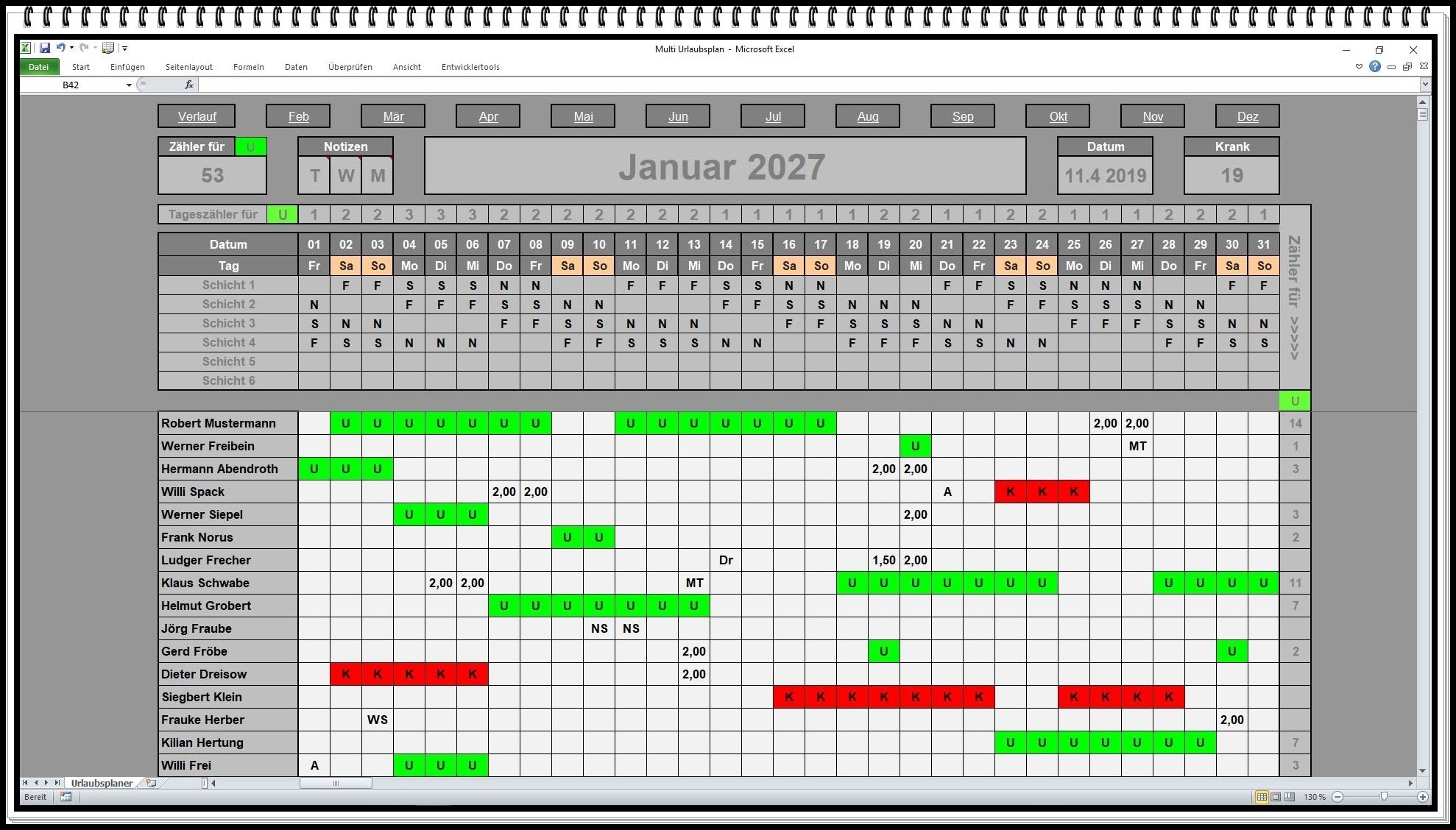 Urlaubsplaner Dienstplaner Schichtplaner Excel Software bis 6 Abteilungen