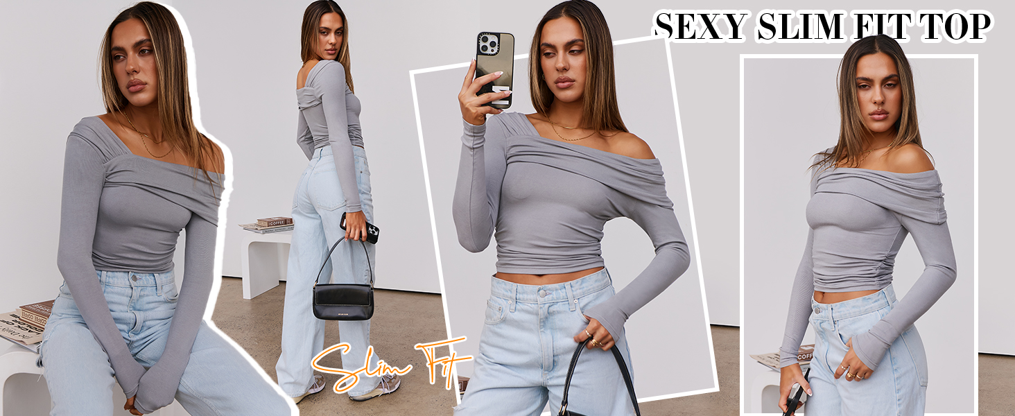 ANRABESS Womens One Off Shoulder Shirts Long Sleeve Slim Fitted