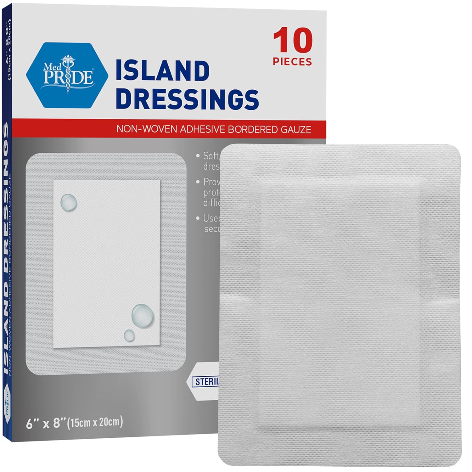 MED PRIDE Adhesive Island Dressing Large Gauze Pads for Wounds Sterile Absorbent Breathable Latex and Rubber Free Individually Packed (6'' x 8'') - Amazon product rated Grade A