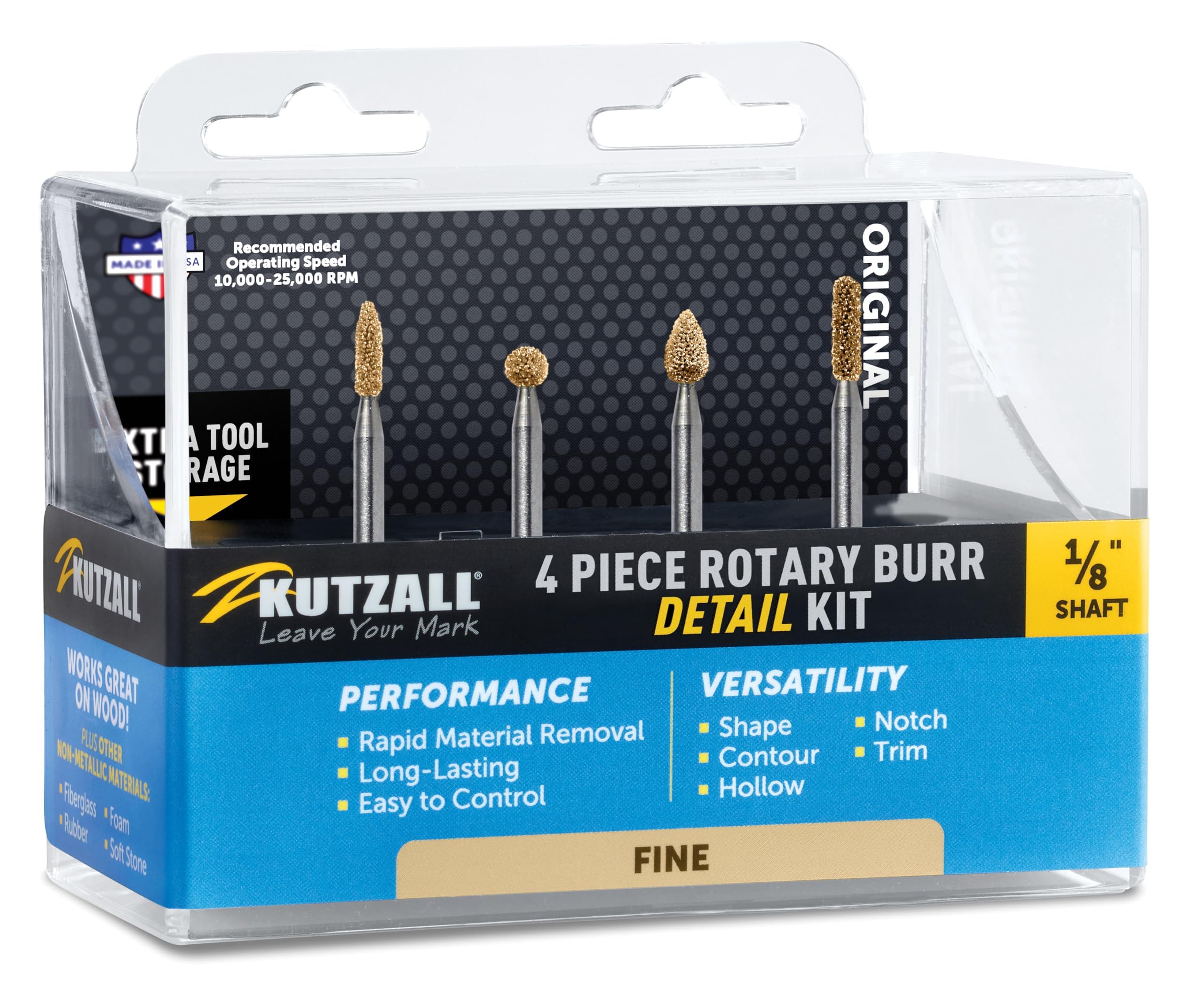 Kutzall 4-Piece Rotary Burr Detail Kit, 1⁄8" Shaft, Fine, Wood Carving Bit for Dremel Foredom, Ryobi, Milwaukee Tools