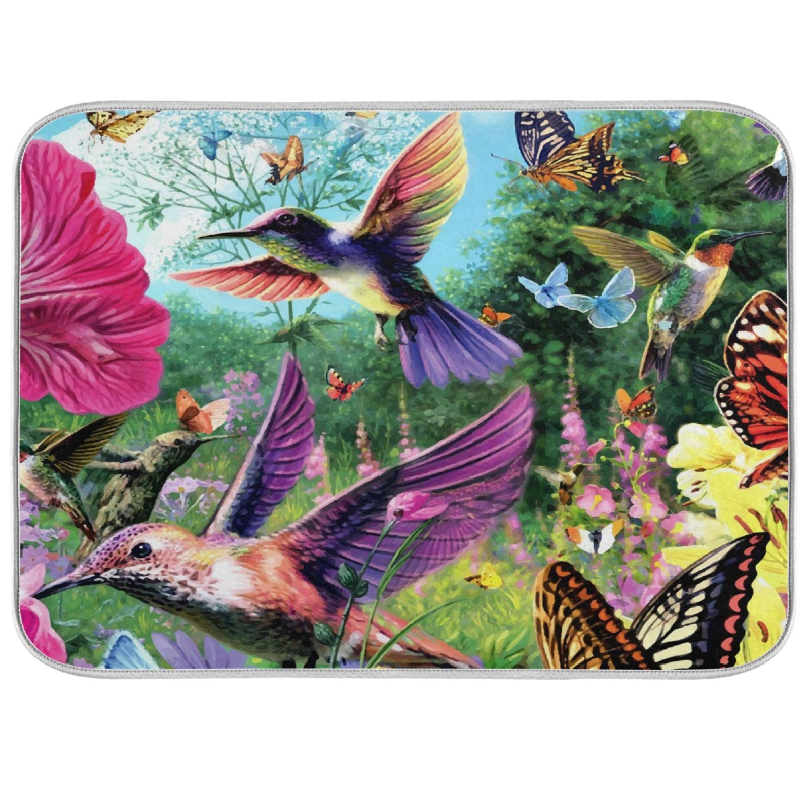 Polyester Dish Drying Mat Hummingbird Drying Mat for Kitchen Counter 24 x 18 inch Dish Dry Mat Absorbent Pad with Hanging Loop