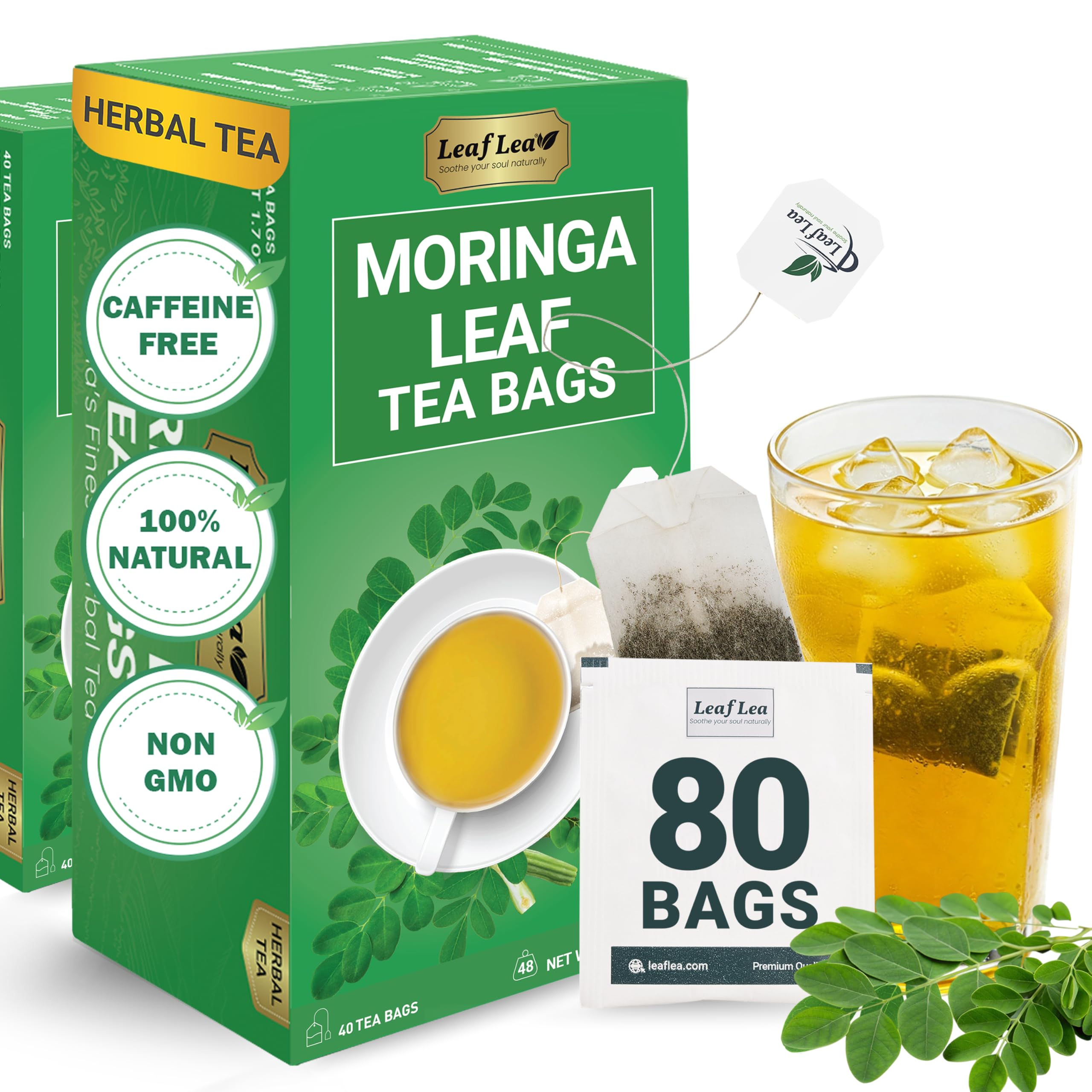 LeafLea 80 Moringa Tea Bags, Premium Moringa Leaf Herbal Tea for Digestive Support and Daily Wellness, Made from Natural Leaves, Caffeine-Free, Non-GMO, Sugar-Free