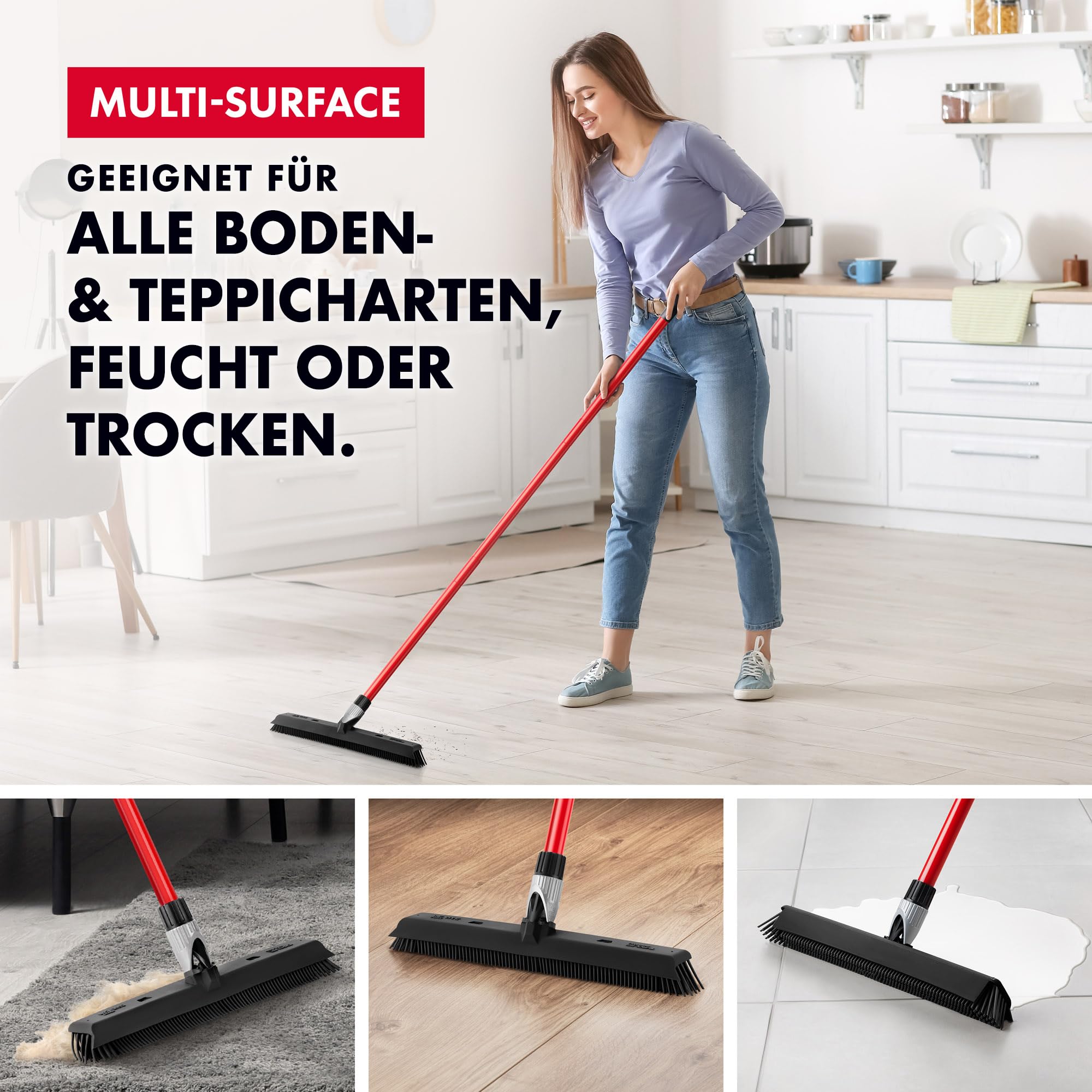 Tyroler Gummibesen & Bodenabzieher | Kehrbesen-Kopf aus 100% Naturkautschuk 41 cm | Besen mit Stiel und 140 cm Anti-Rost-Griff | Gummi-besen mit Abzieher | Gummibesen mit Stiel | Gummibesens Tierhaare