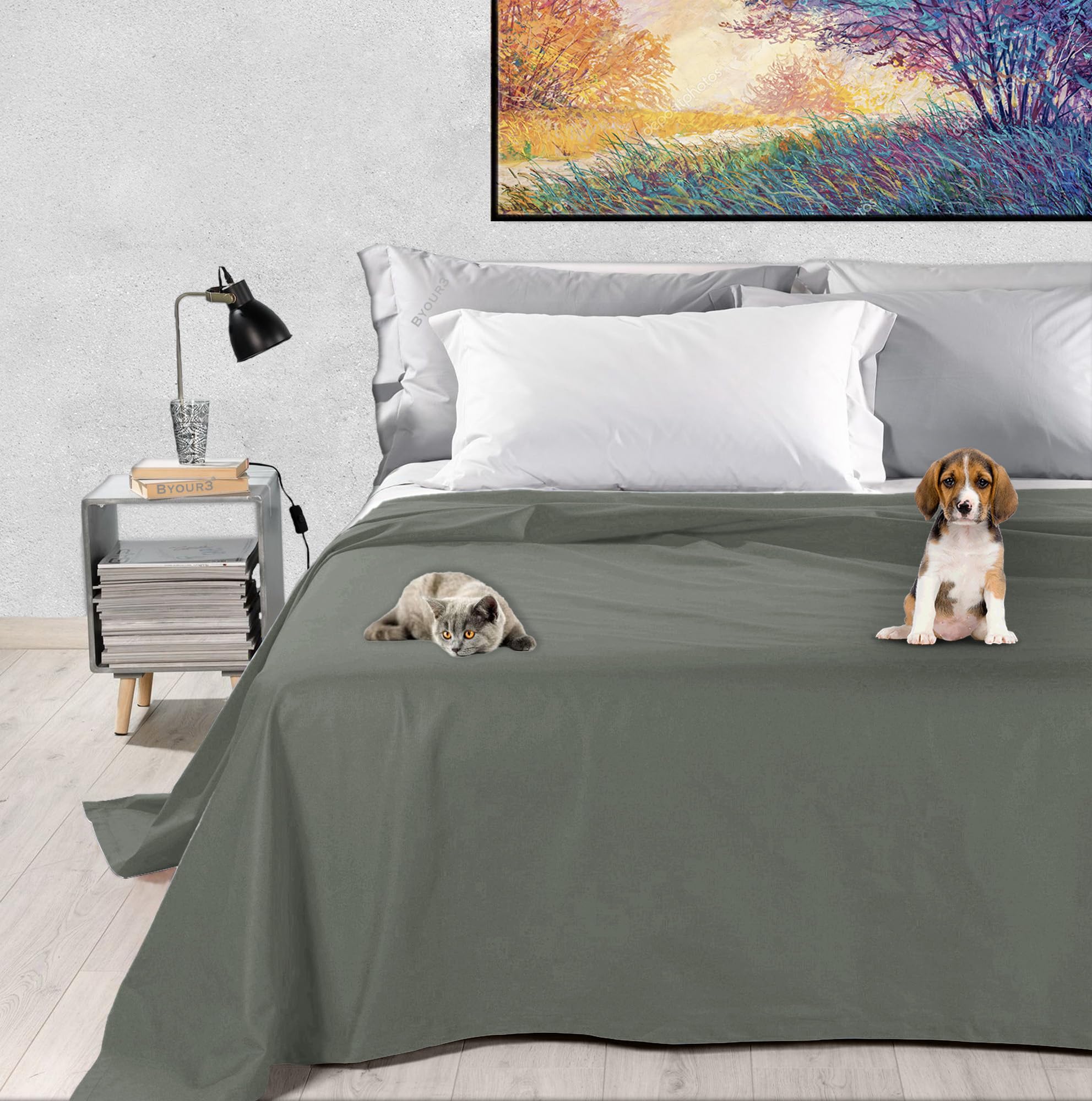 Byour3 - Colcha Doble Super Impermeable Animales Cubrecama Algodón Antimanchas Protección Cama Individual Queen Size Antirayaduras Antimoho Gato Perro Niños Lavable (Gris Acero, 180x300cm - Cama 90)