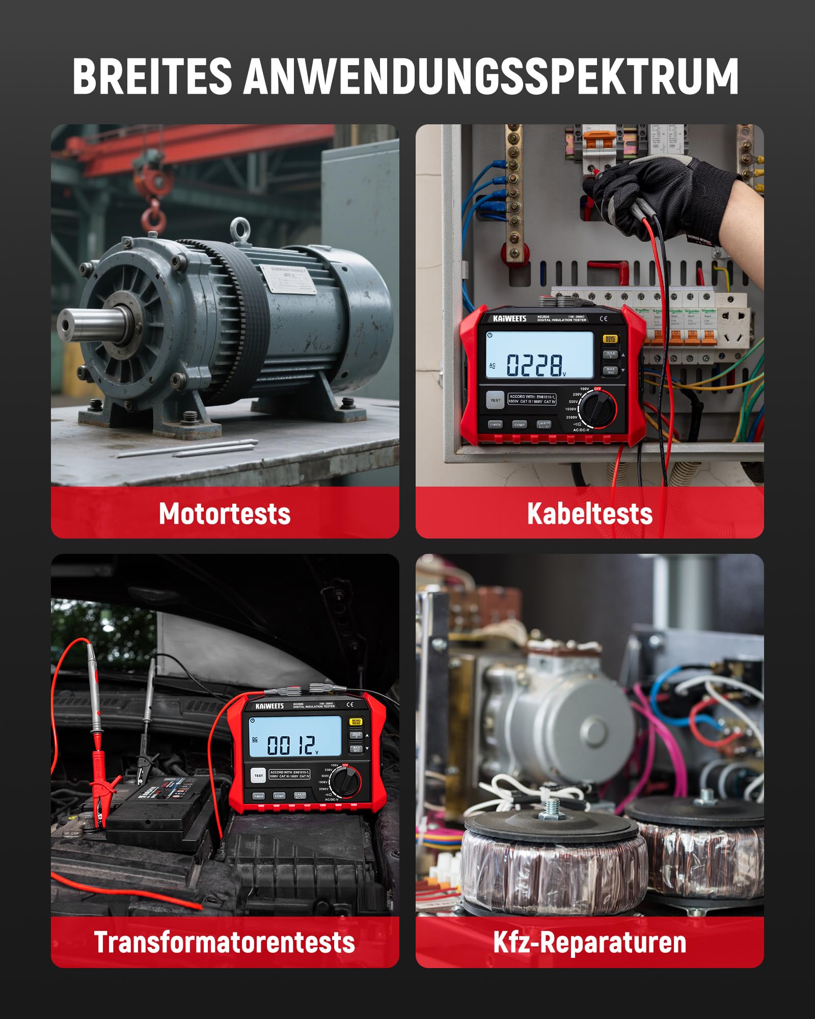 KAIWEETS Isolationswiderstandsmessgerät, bis zu 200 GΩ, Profi-Megohmmeter, 100 V/250 V/500 V/1000 V/2500 V, One-Touch-DAR/PI, misst Widerstand, Wechsel-/Gleichspannung für HLK, Motoren, Solar,