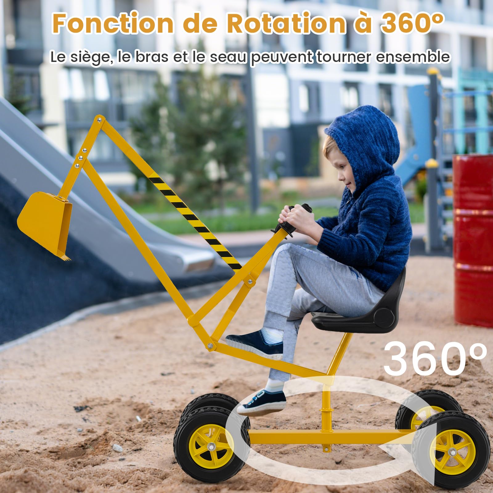 DREAMADE Pelleteuse pour Enfants, Jouet de Bac à Sable en Métal avec Siège Rotatif à 360°, Pelle Flexible, Grue Excavatrice d'Extérieur pour pour Terre, Neige, Plage (Jaune,avec Roues)