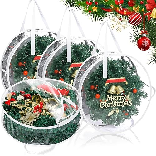 Contenedor de almacenamiento de corona de Navidad de 30 pulgadas y 24 pulgadas, paquete de 4 bolsas de almacenamiento transparentes para coronas de