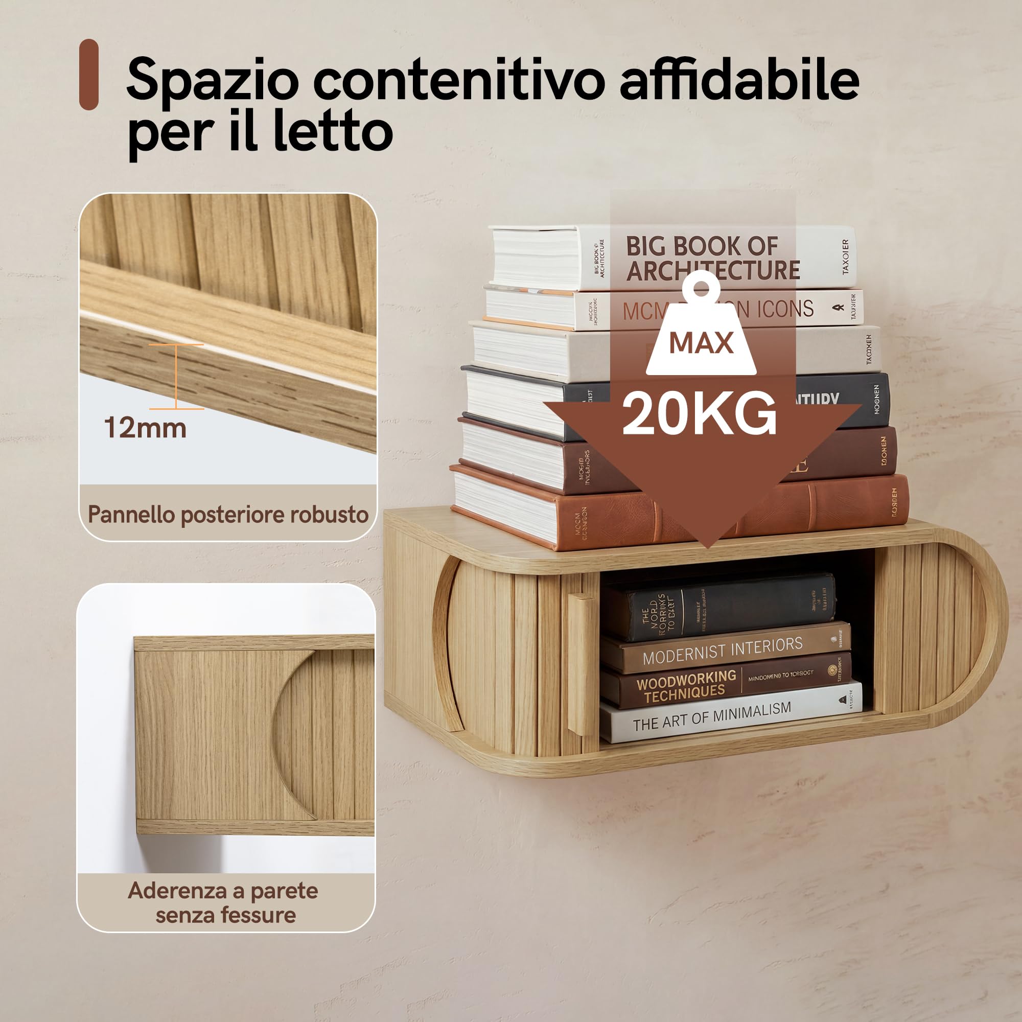 Afuly Comodino Sospeso Effetto Rovere Anta a Serrandina Forma D Sinistra | in legno, salvaspazio, vano nascosto, angoli arrotondati, 25 x 45 x 16 cm, portata fino a 20 kg, stile scandinavo naturale