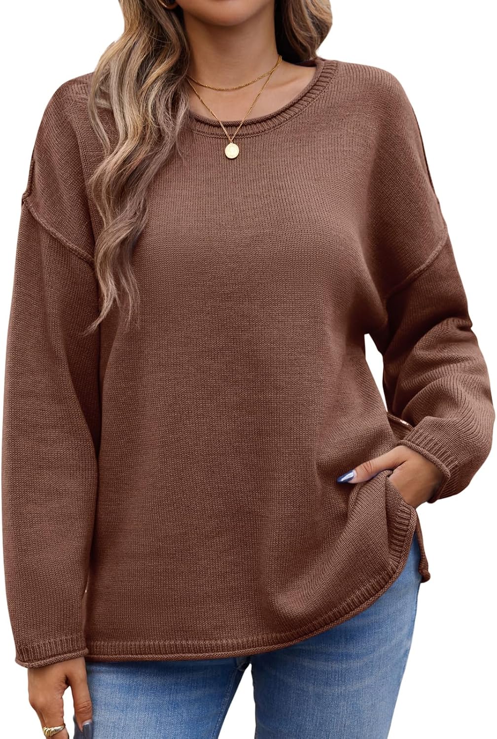 Saodimallsu Womens Oversized Crew Neck Sweaters Long Sleeve Slouchy Knit Fall Casual Loose Side Split Pullover Tops - Image 2