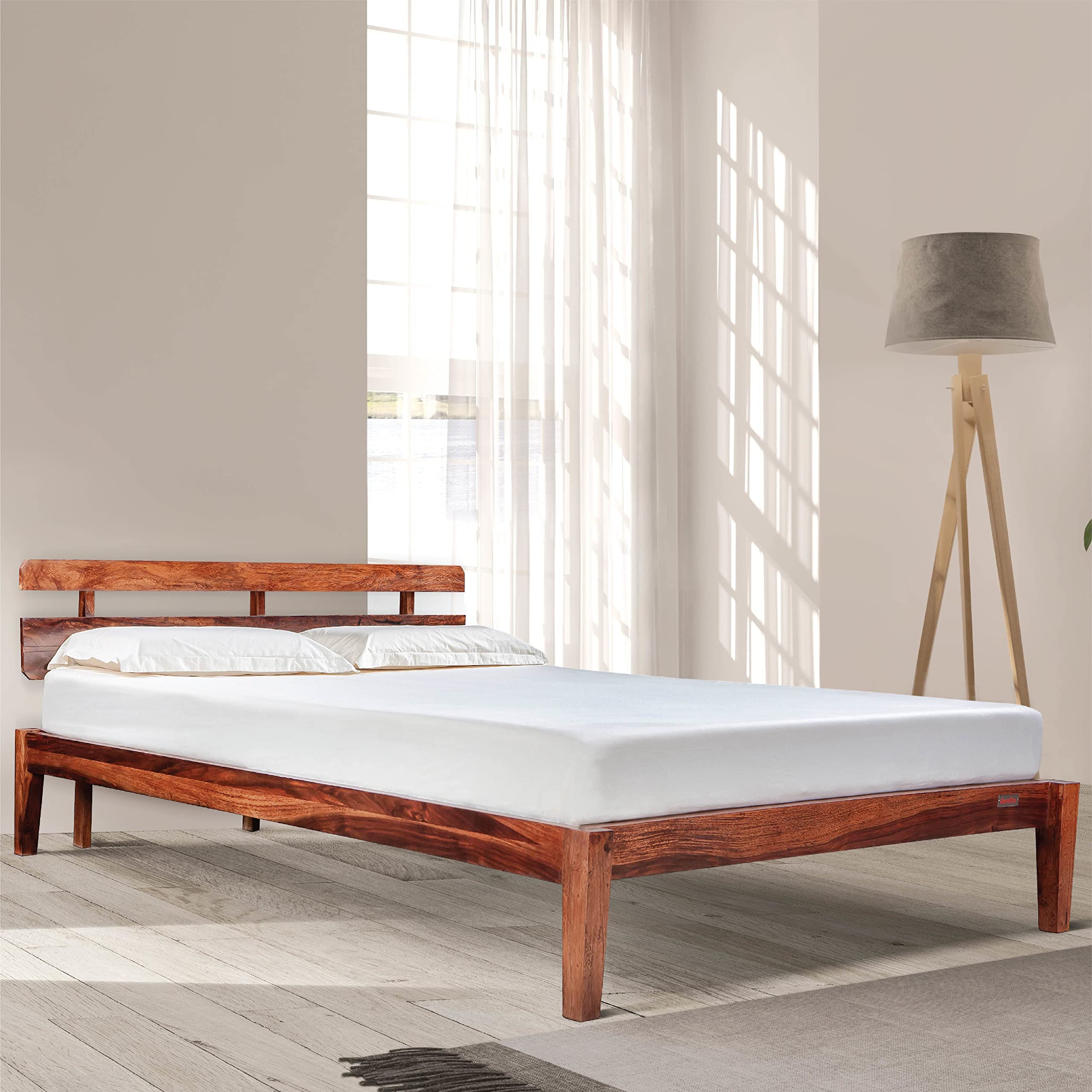 Waitrose Solid Sheesham Wood Queen Size Bed Without Storage | Wooden Double Bed Cot Bed for Bedroom Furniture | Palang Double Bed for Hotels | Rosewood, Teak Finish