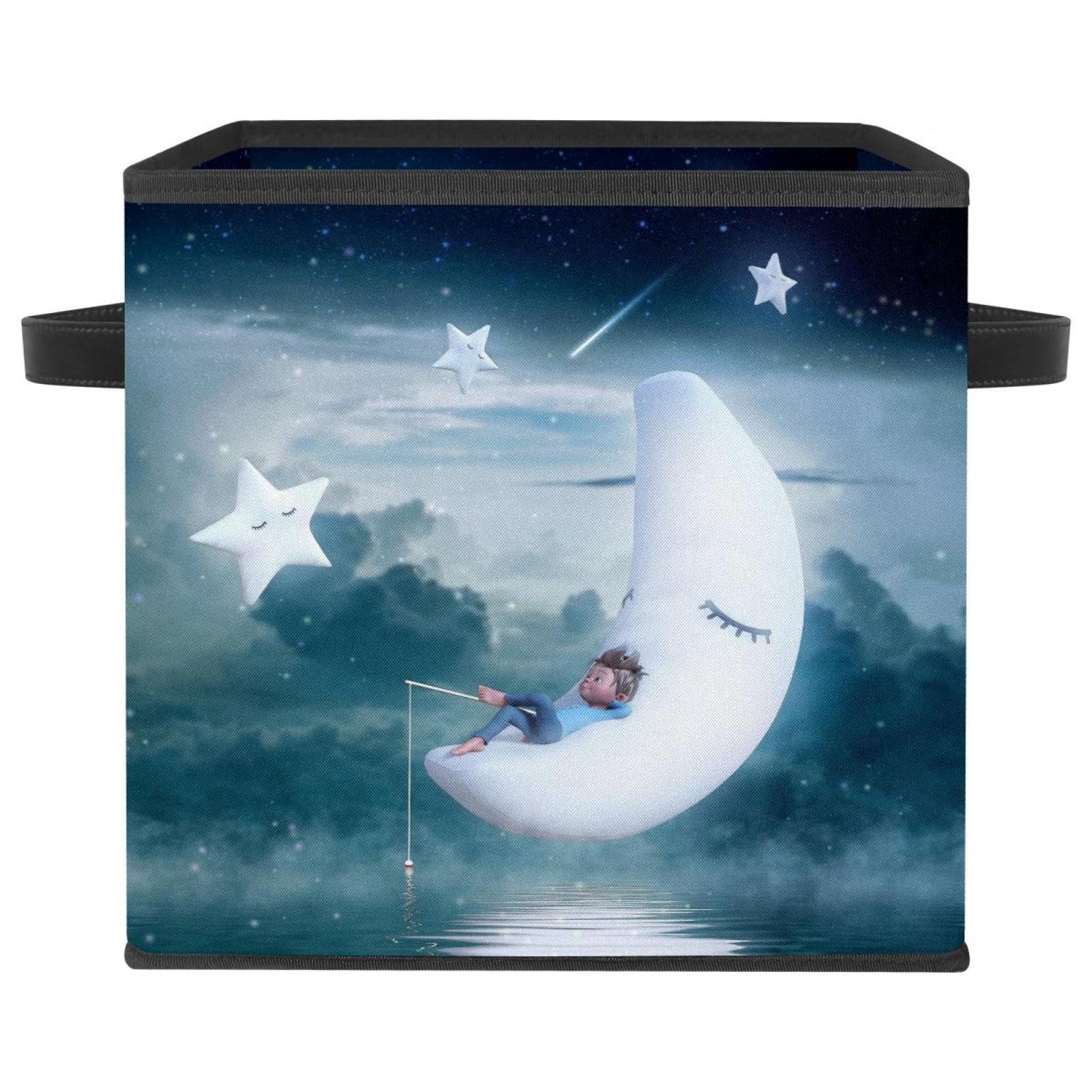 Boîte de rangement pliable motif lune et étoile avec poignées de transport