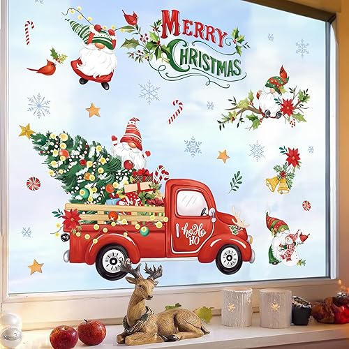 Miniatura 3 de wondever Pegatinas de pared de camión rojo de Navidad, gnomos, árbol de Navidad, ventana, calcomanías artísticas para Navidad, fiesta, ventana,
