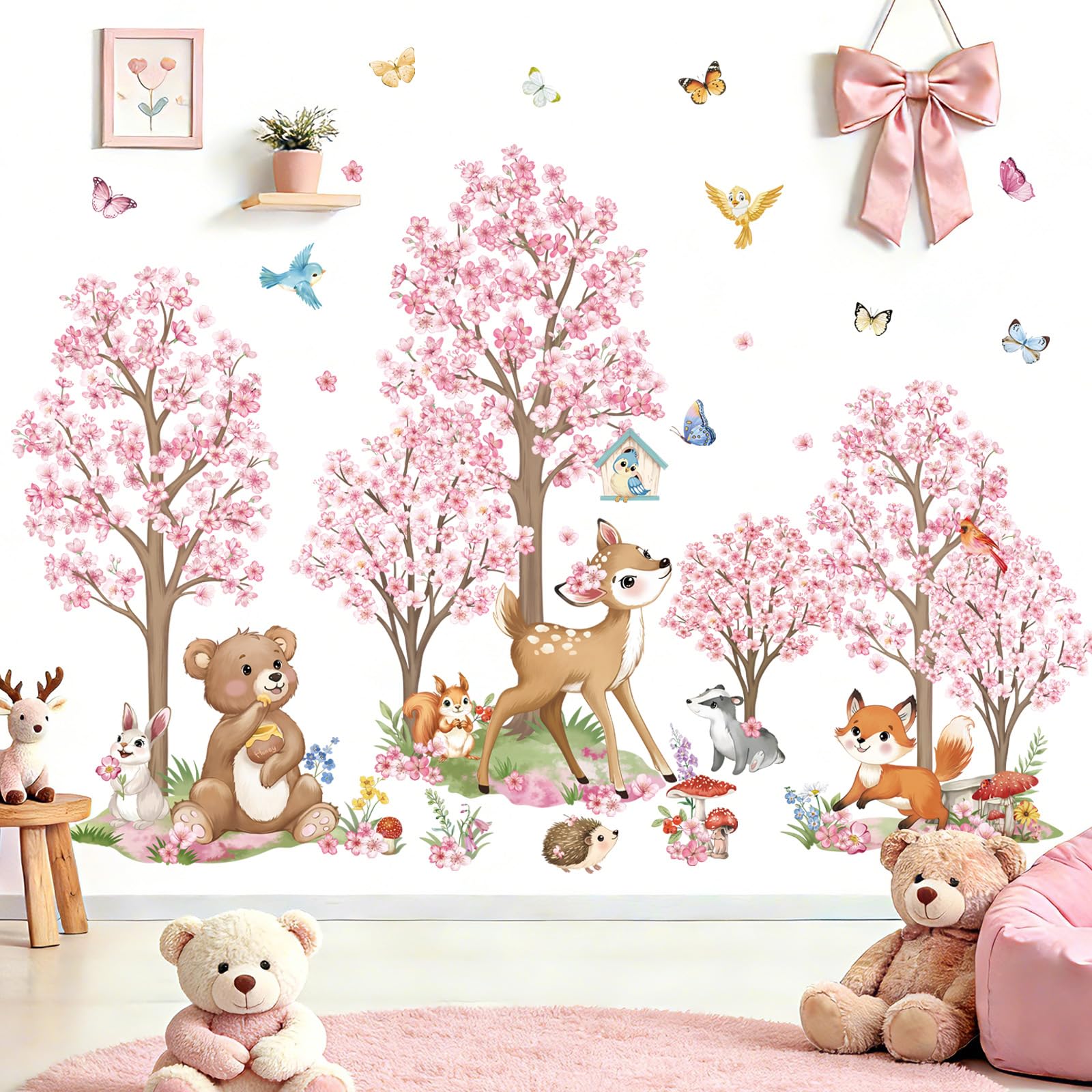 wondever Stickers Muraux Enfants Fille Fleurs de Cerisier Arbre Grand Autocollants Muraux Mural Stickers Foret Animaux Ours Cerf Renard pour Chambre Bébé Fille Pépinière
