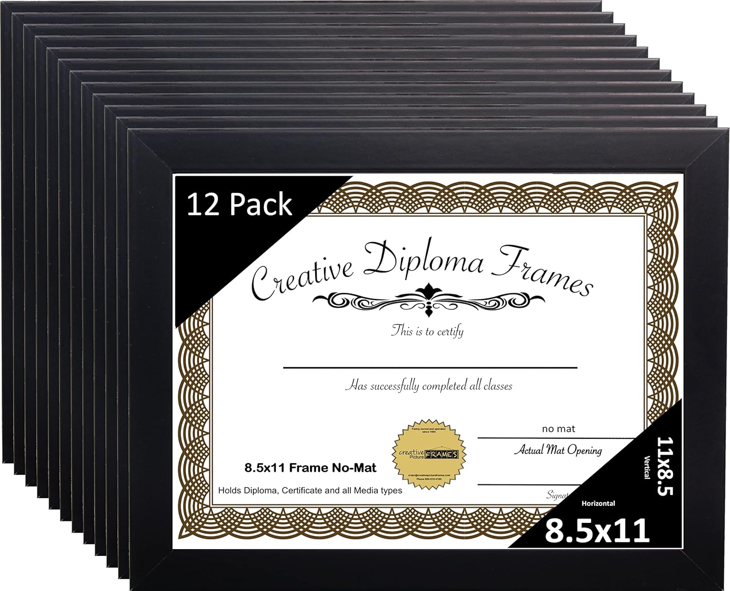 Creative Picture Frames 8.5X11Bk Black Diploma Frames, Holds 8.5 By 11-Inch Graduation Documents with Stand And Wall Hanger (Pack of 12)