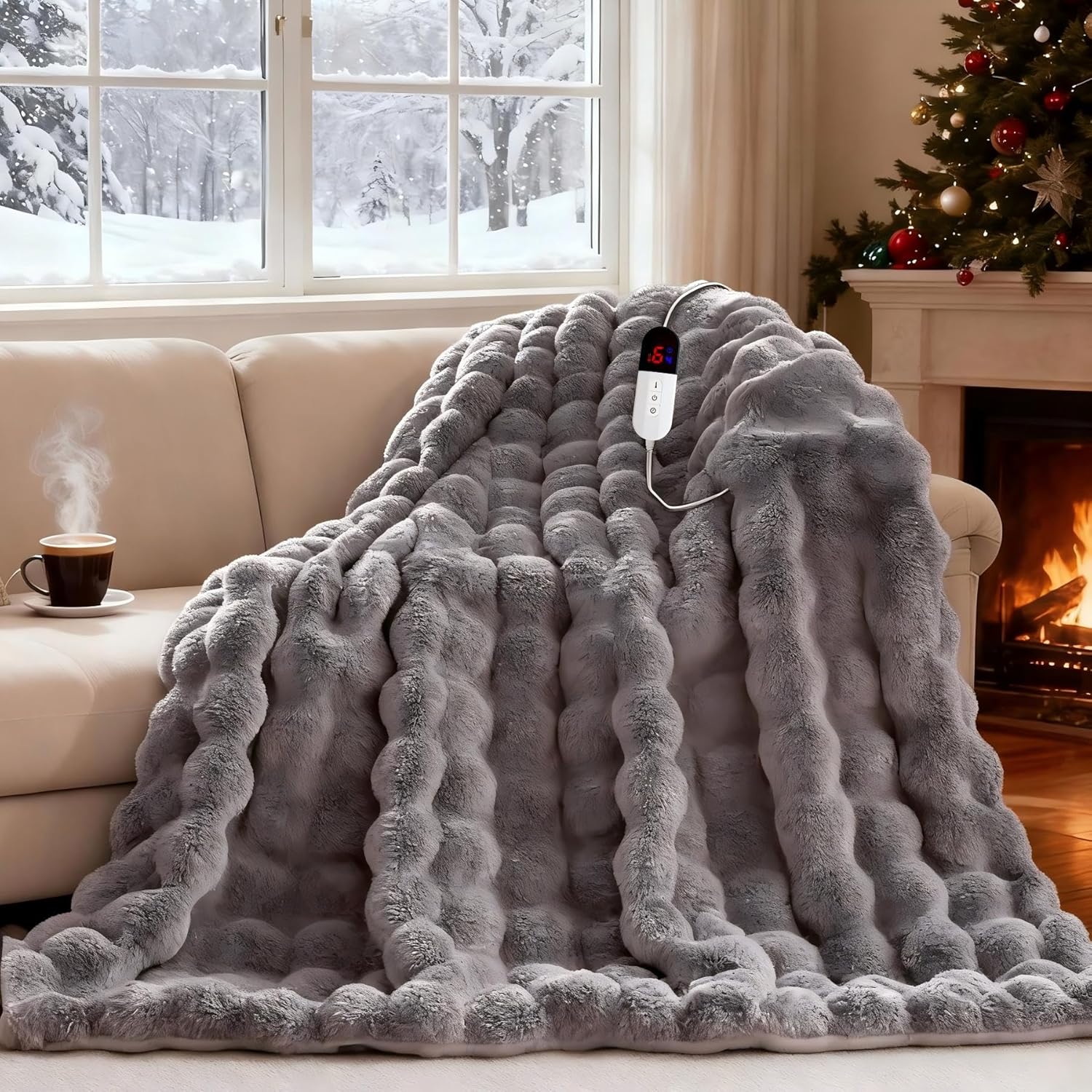 Heated Blanket Throw with 6 Fast Heating Levels,4 Hours Auto-Off,50x60 Cozy Faux Rabbit Fur Bubble Washable Electric Blanket with Overheating Protection,ETL Certification(Light Gray)