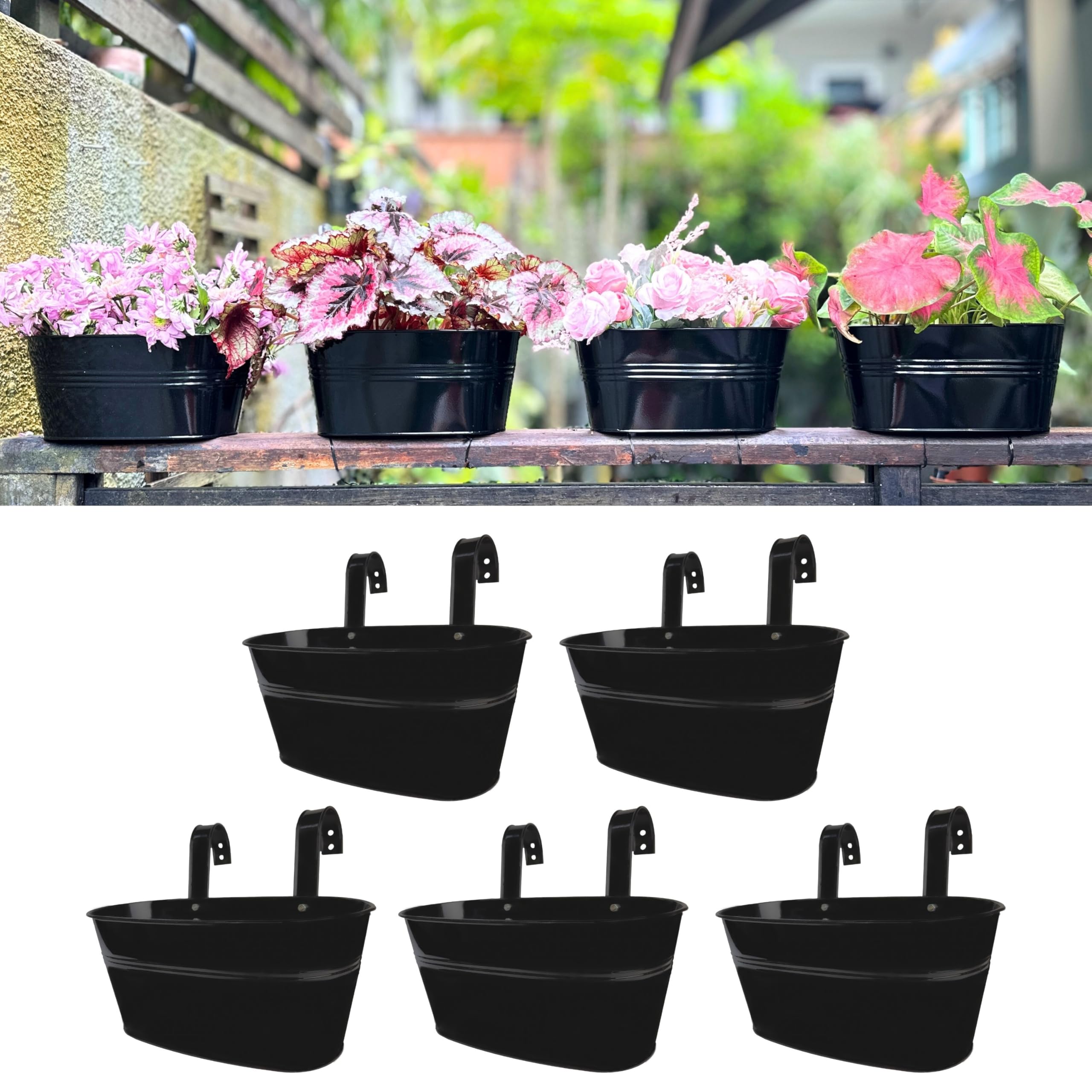 LaLaGreen - Maceta para plantas al aire libre (paquete de 5, 11.2 pulgadas), macetas colgantes de hierro de metal negro, barandillas de cubierta, cubos de valla, estilo bohemio moderno, montaje en