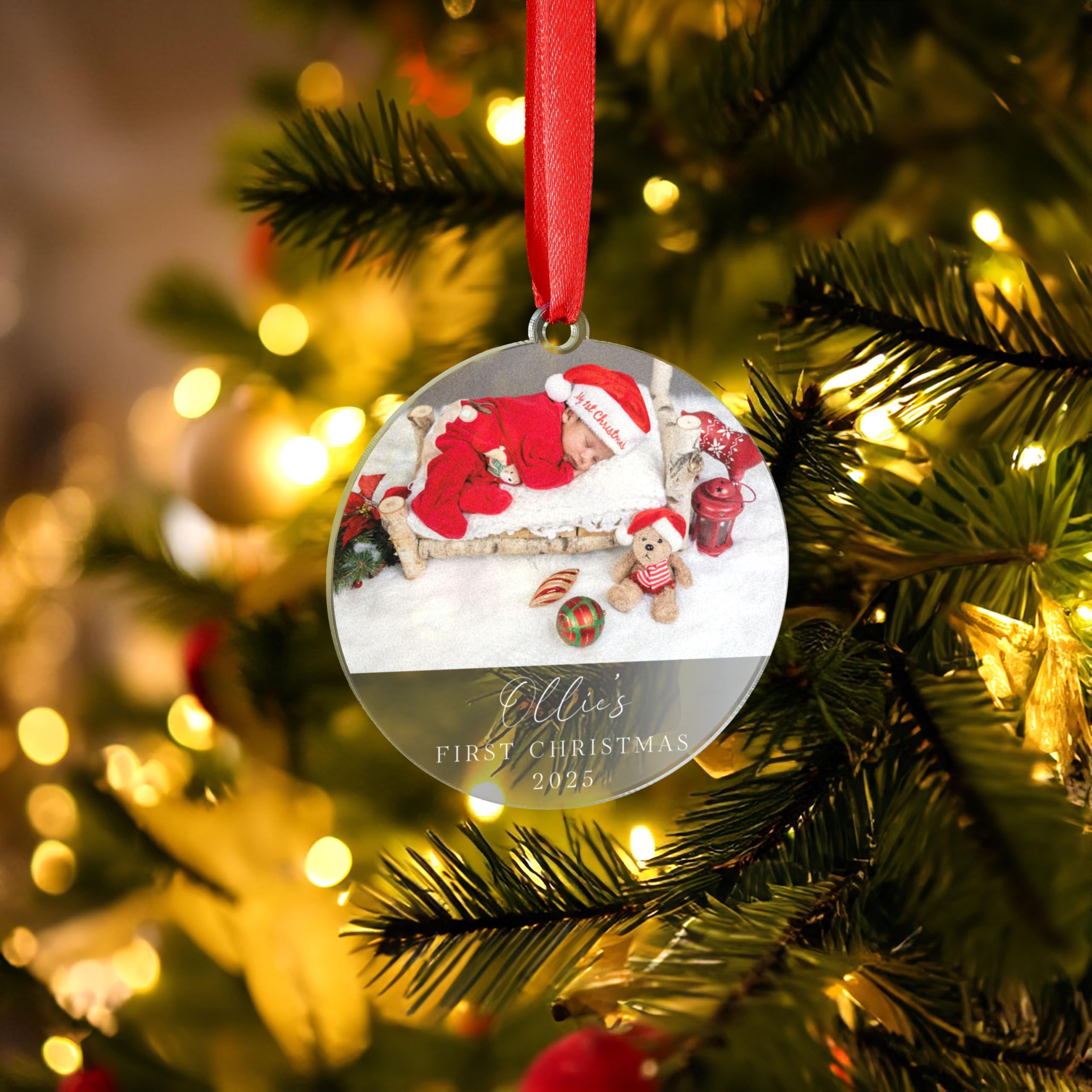 Personalised Baby Christmas Bauble Ornament Baby's First Newly Weds Engagement Wedding Present Photo Design (Clear)