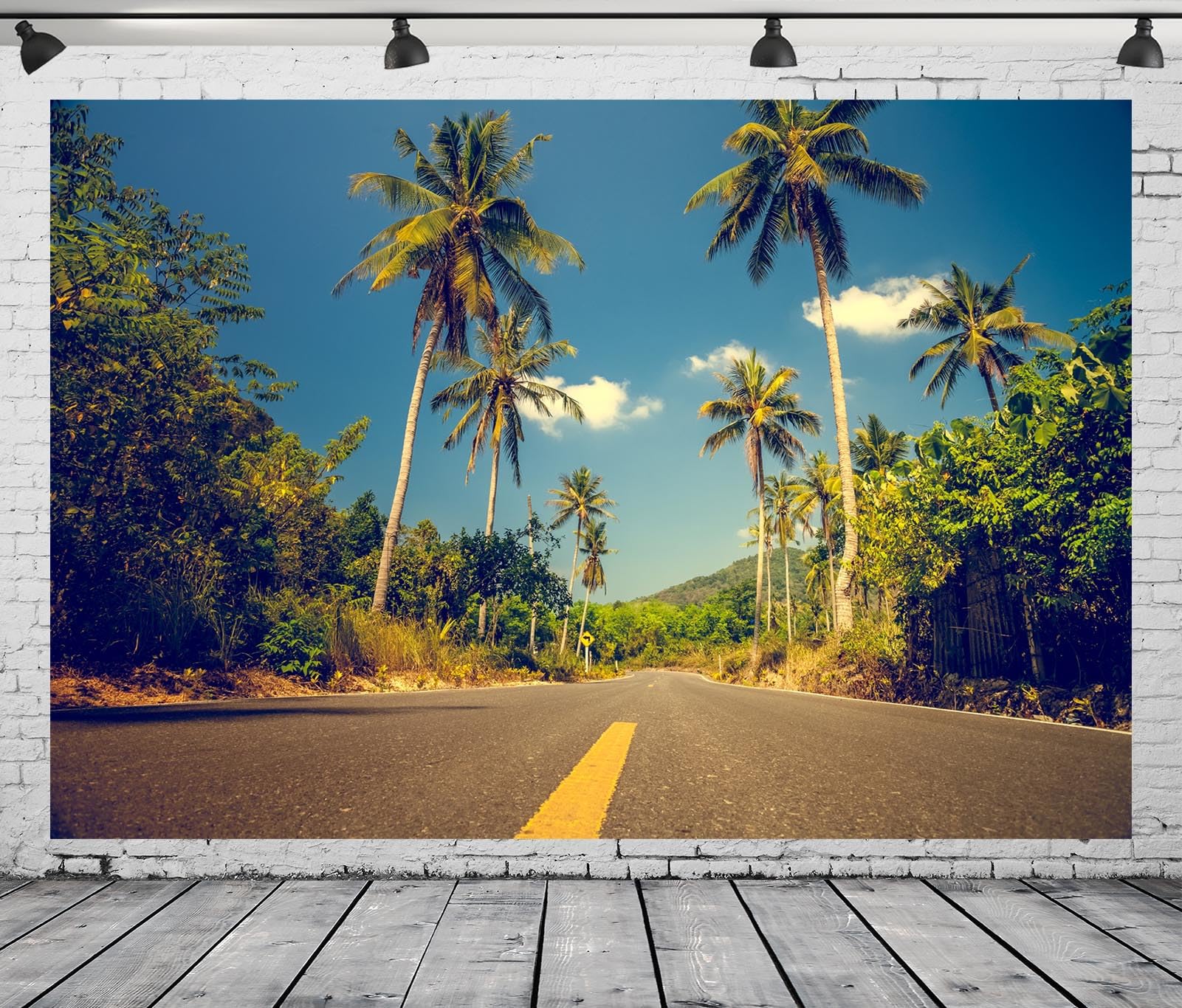 Loccor 8x6ft Fabric Road Landscape Backdrop Summer Jungle Coconut Trees Highway View Against Blue Sky Clouds Background Holiday Road Trip Party