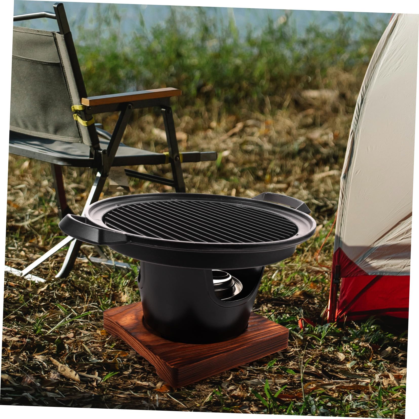 Parrilla de Mesa sin Humo para Barbacoa Doméstica Portátil de Aleación de Aluminio y Madera, Antiadherente y Fácil de Almacenar, Adecuado para Camping y Hogar