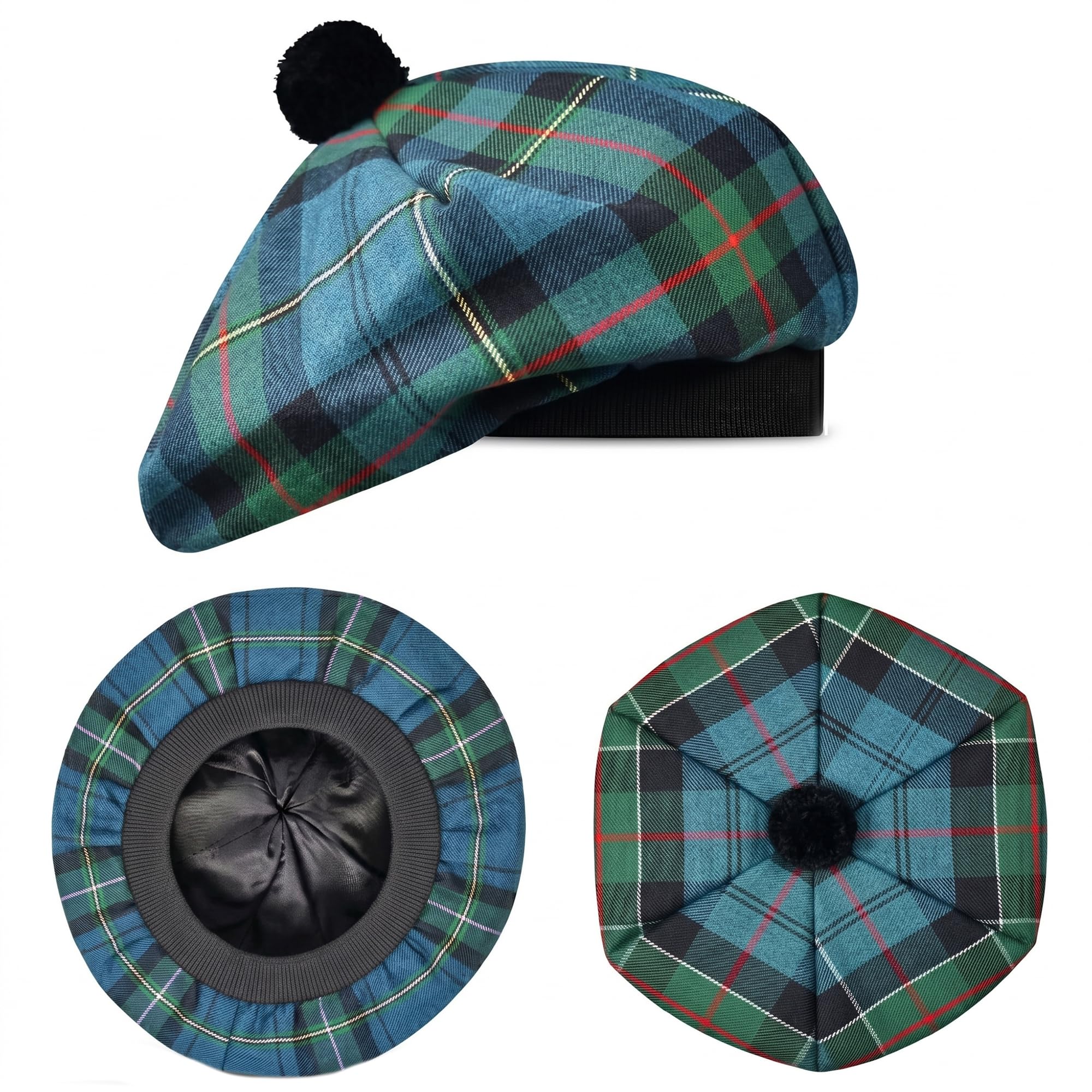 H HIGHLAND REDSTONE Scottish Hat Tam o Shanter Scottish Bonnet Tartan hat Acrylic Wool with Pompom (UK, Alpha, One Size, Ancient Colquhoun)