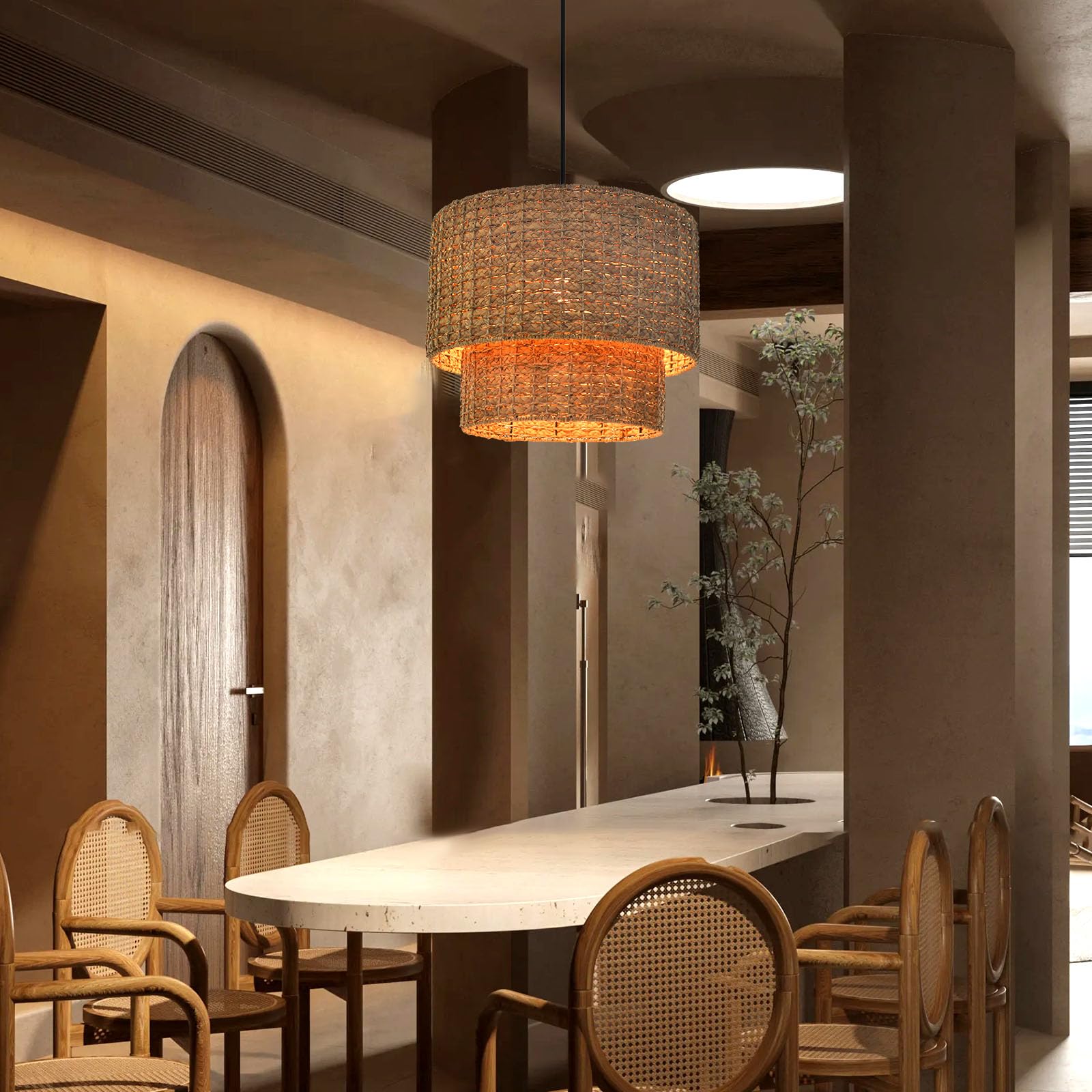 Arturesthome Rustic Woven Pendant Light, Coastal Rattan Lampshade Hanging Lighting Fixture, Adjustable Vintage Farmhouse Chandelier Lamp Shade for Kitchen Island Dining Table Room