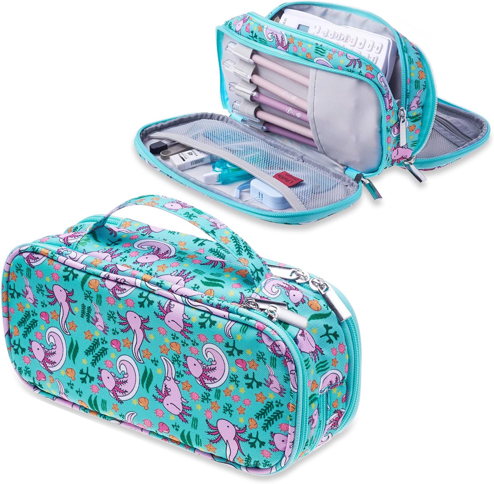 LParkin Axolotl Teen Students Canvas Pencil Case Pen Bag Pouch Stationary Case Makeup Cosmetic Bag, Blue Axolotl,