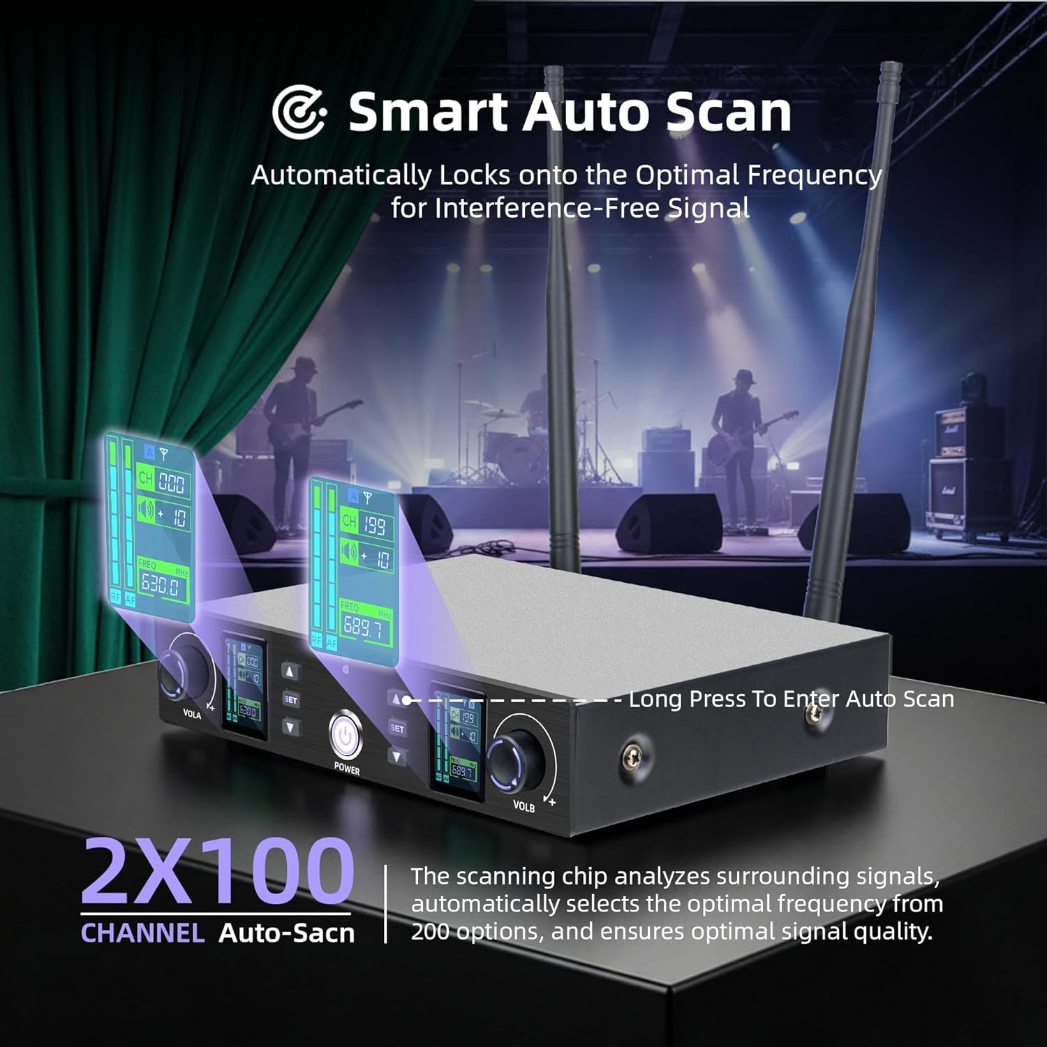 Wireless Microphone System-Professional Metal Handheld Mics with Auto-Scan Anti-Interference Function,Hi-Fi Clear Sound Quality and Long-Lasting Battery Life,Ideal for Church and Karaoke BQ