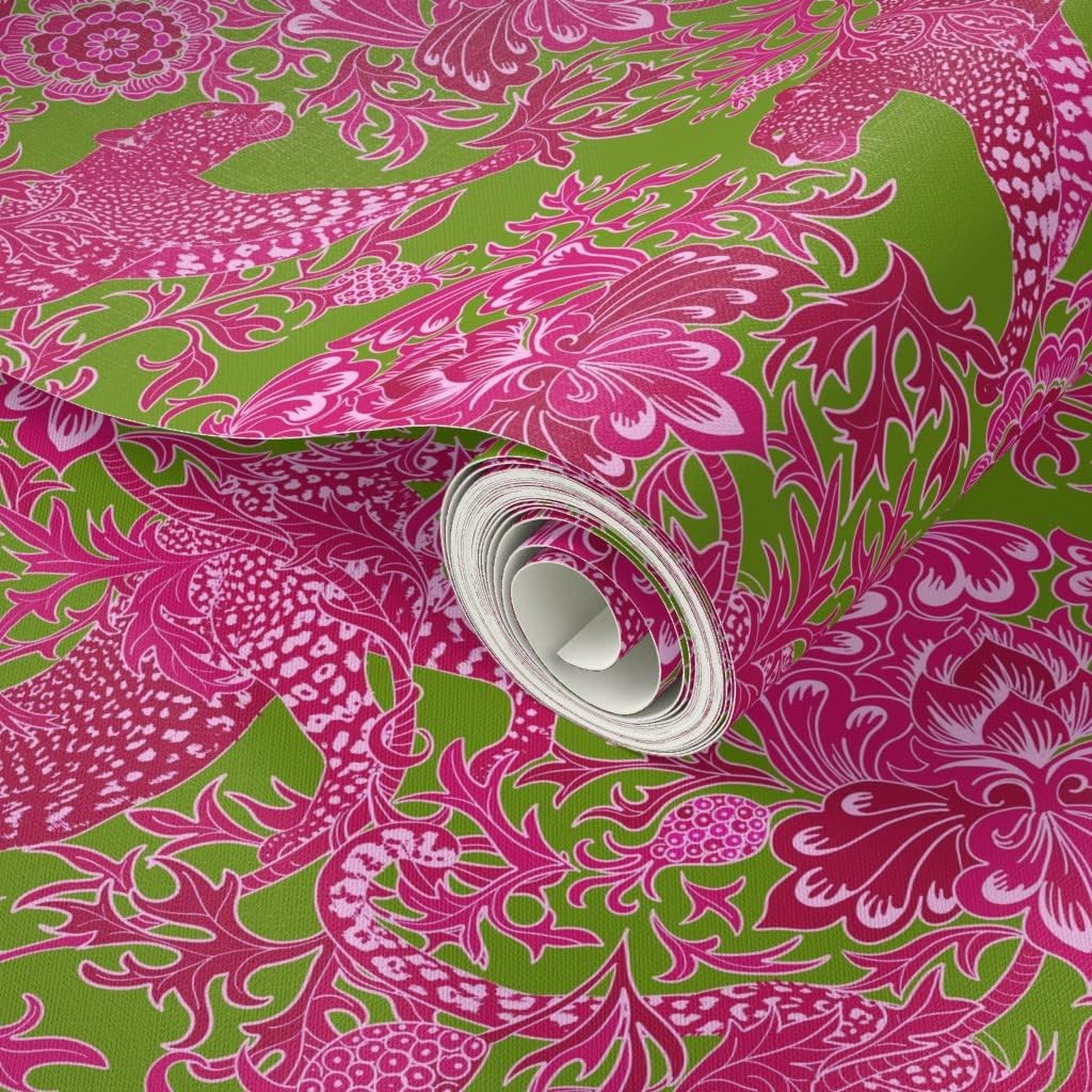 Peel & Stick Wallpaper 3ft x 2ft - Chinoiserie Maximalist Chintz Cheetah Jungle Hot Pink Bright Neon Custom Removable Wallpaper by Spoonflower