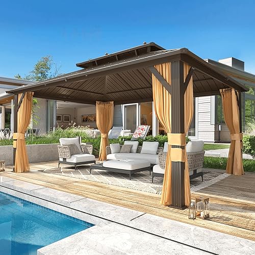 MELLCOM - Kiosco de techo rígido de aluminio con doble techo de metal con cortina y red, pabellón de acero galvanizado permanente para patio, césped