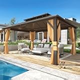 MELLCOM 12'x16' Hardtop Gazebo, Metal Double Roof Aluminum Gazebos with Curtain and Netting,Brown Permanent Galvanized Steel Pavilion for Patio, Lawn & Deck