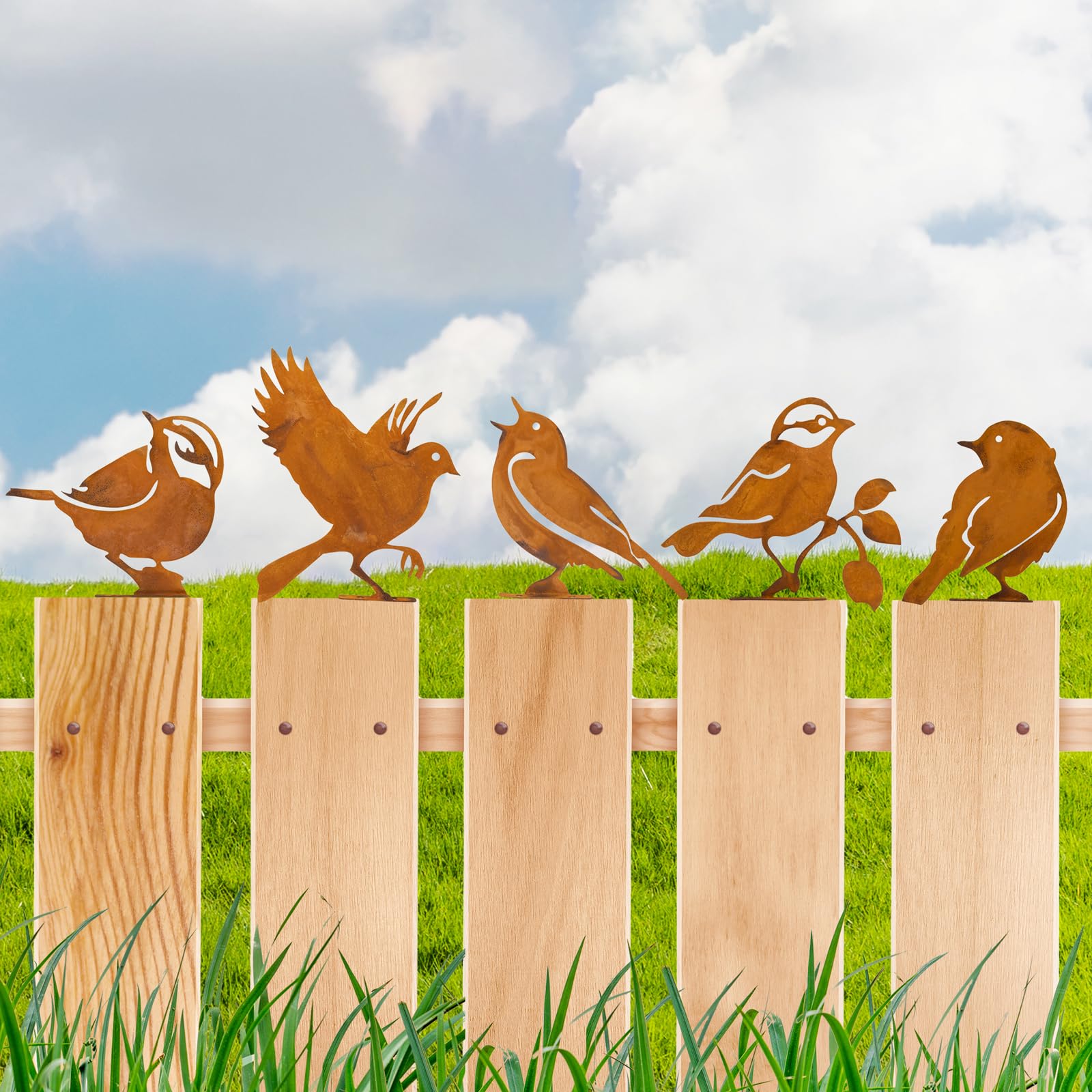 LhyBtm 5 Pcs Rusty Birds Decoration Silhouette with Rusty Patina Birds Decoration Outdoor Fence Decorations Lifelike Metal Birds Garden Ornaments Silhouette Rustic Outdoor Patio Yard Adornment