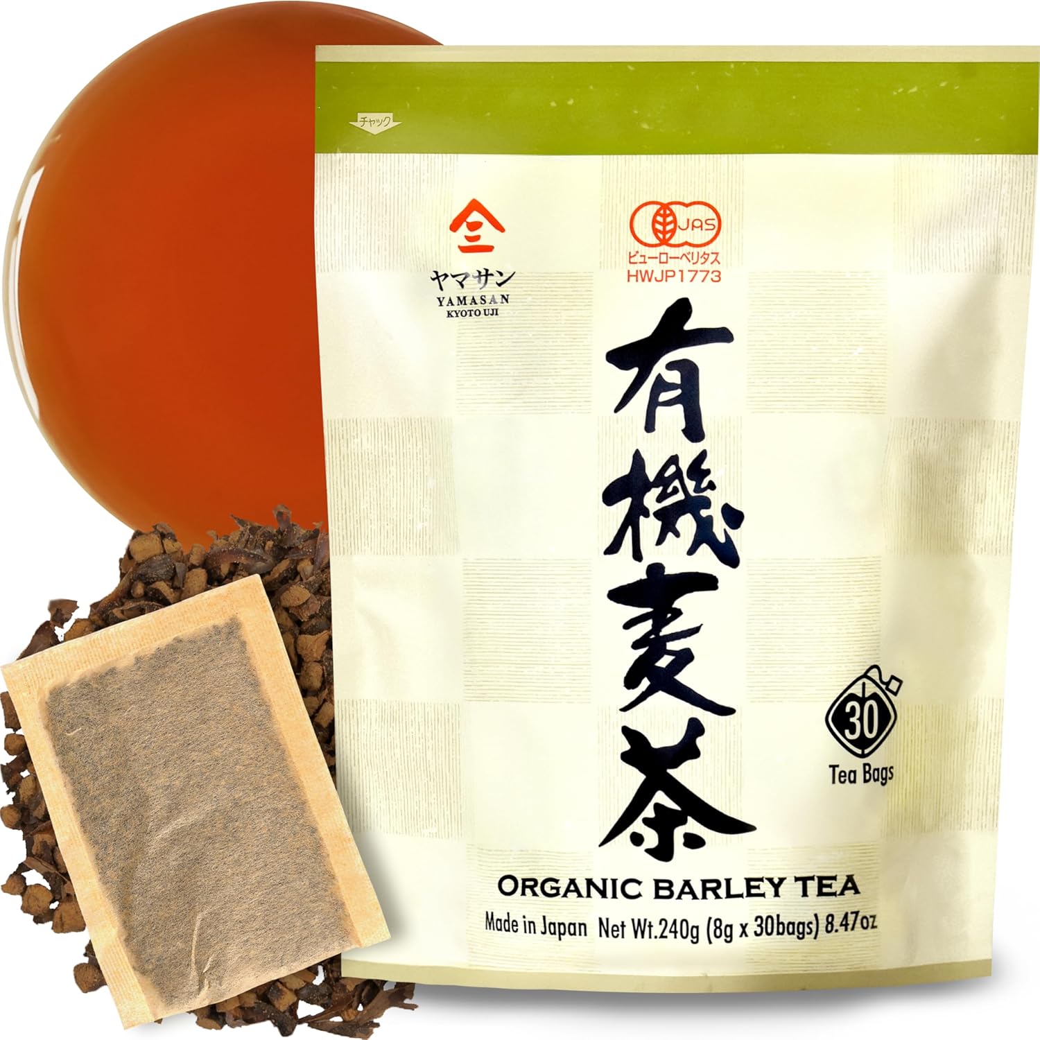Organic Barley Tea Bags -Caffeine Free & Vegan, 100% Natural Japanese Tea, Sugar Free Mugicha 30 LARGE TEA BAGS【YAMASAN】