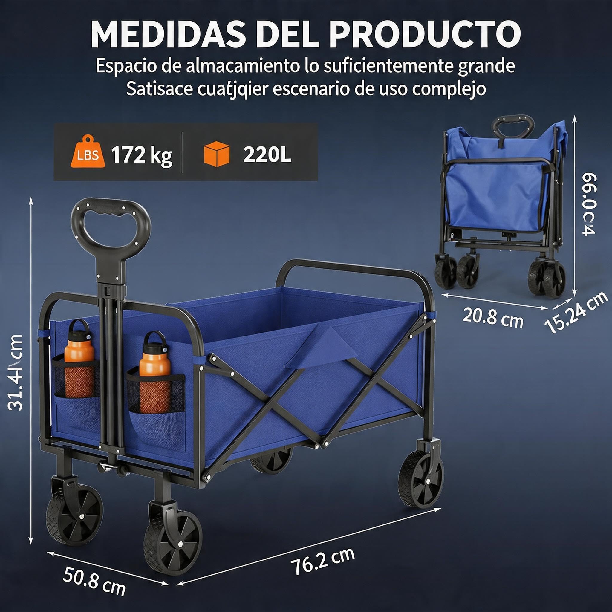 Carrello pieghevole con ruote grandi fuoristrada - Carrello da spiaggia con carico massimo di 172 kg - ideale per spiaggia, giardino e campeggio - maniglia regolabile - trasporto di attrezzi o