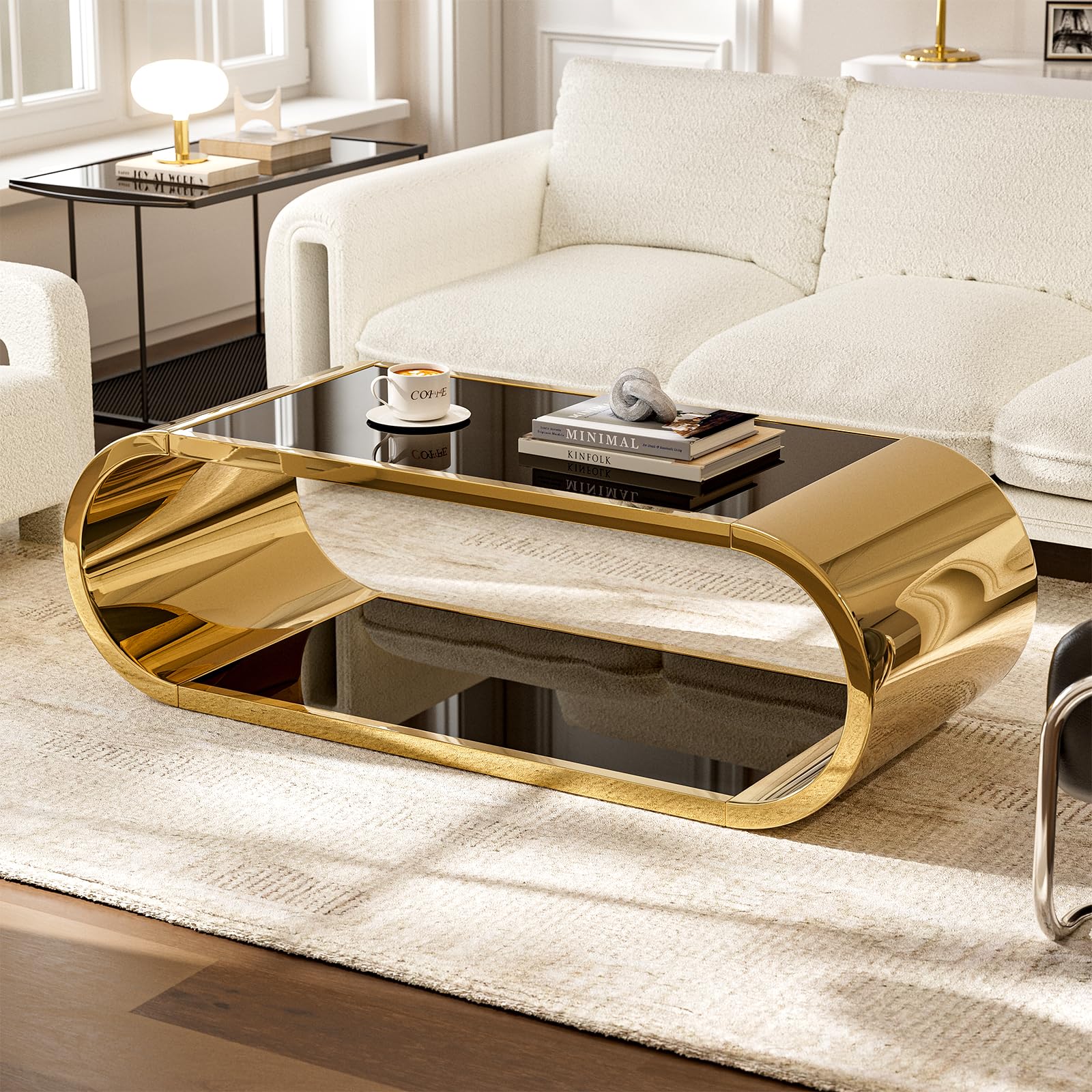 IKIFLY Gold Stainless with Glass Coffee Table Modern Coffee Table for Living Room 2-Tier Glass Top with Large