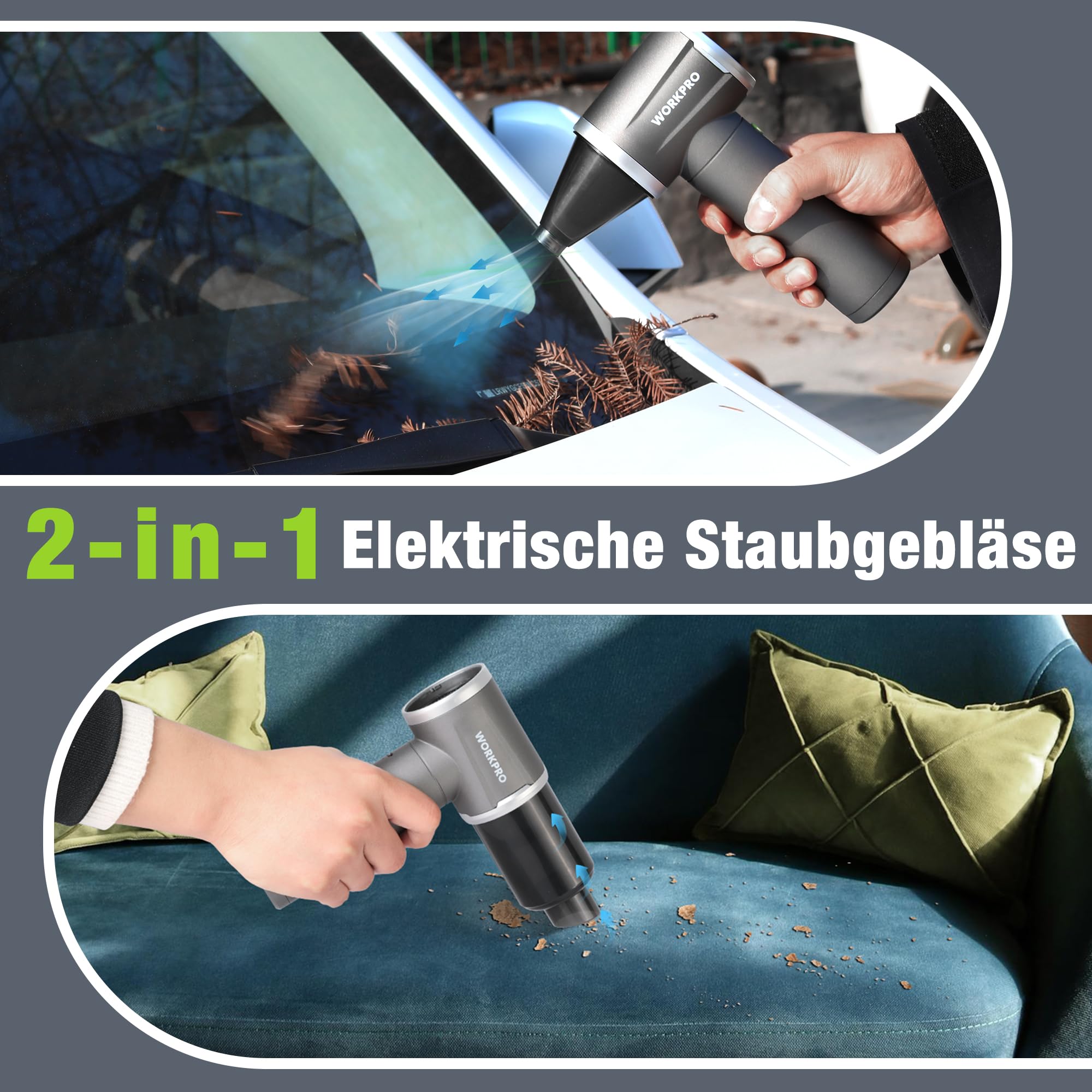 WORKPRO 2-in-1 Elektrisches Staubgebläse 120000 U/min, 4-Gang Druckluft Air Duster, Type-C Wiederaufladbarer Staubbläser, Tragbares Akku Luftdruckspray für Auto, Tastatur, Outdoor, und Luftmatratzen
