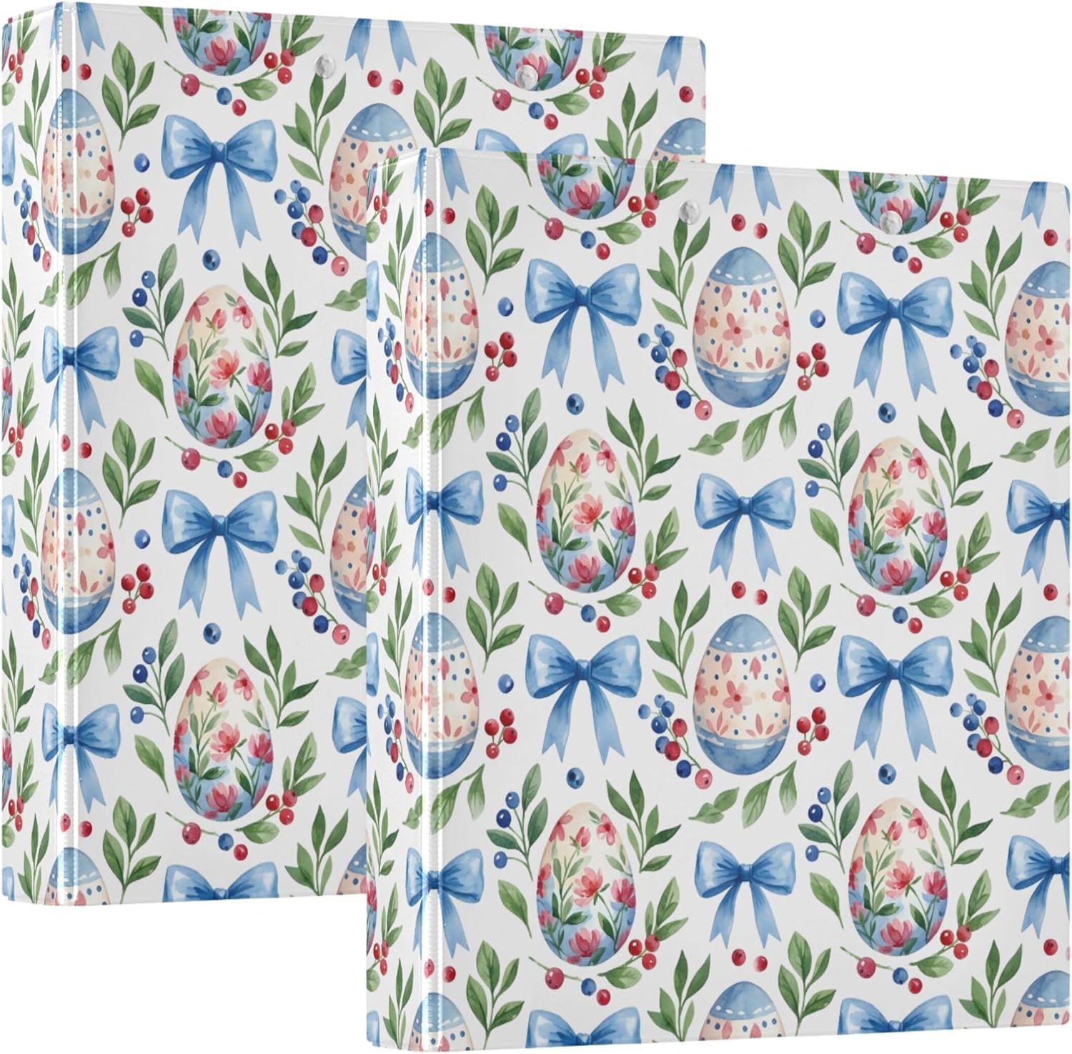 Easter Eggs and Blue Bows 3 Ring Binders, 1.5” Round Ring Binders with Clipboard - Letter Size, 3 Interior PVC Clear Pockets & Anti-Slip Clip for Office School Supplies, 2PCS