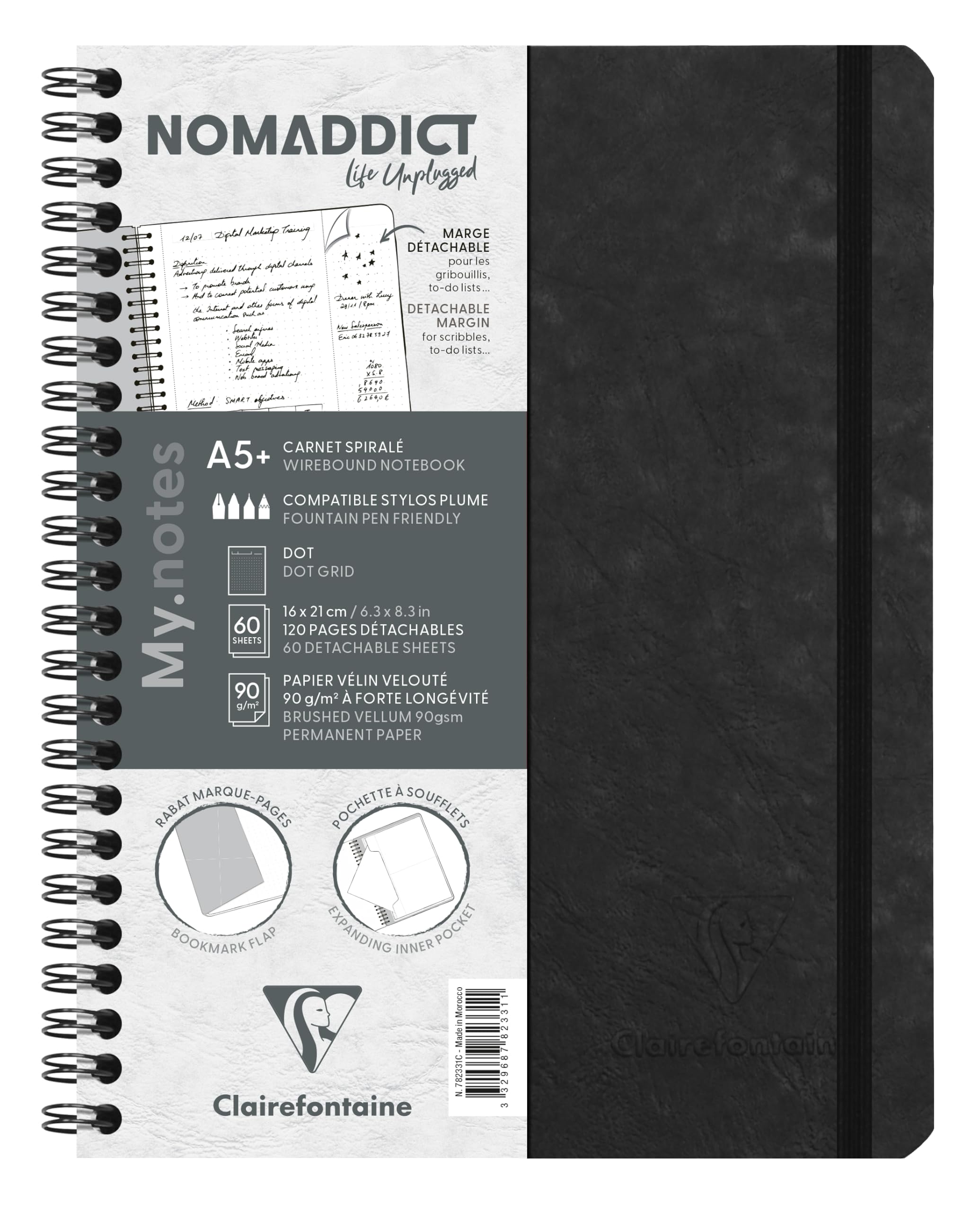 Clairefontaine 782331C Collection Age Bag MyNotes Black Spiral Notebook w/ Margins - A5+ 16x21cm - 120 Detachable Pages DOT - 90gsm White - Leather Card Cover