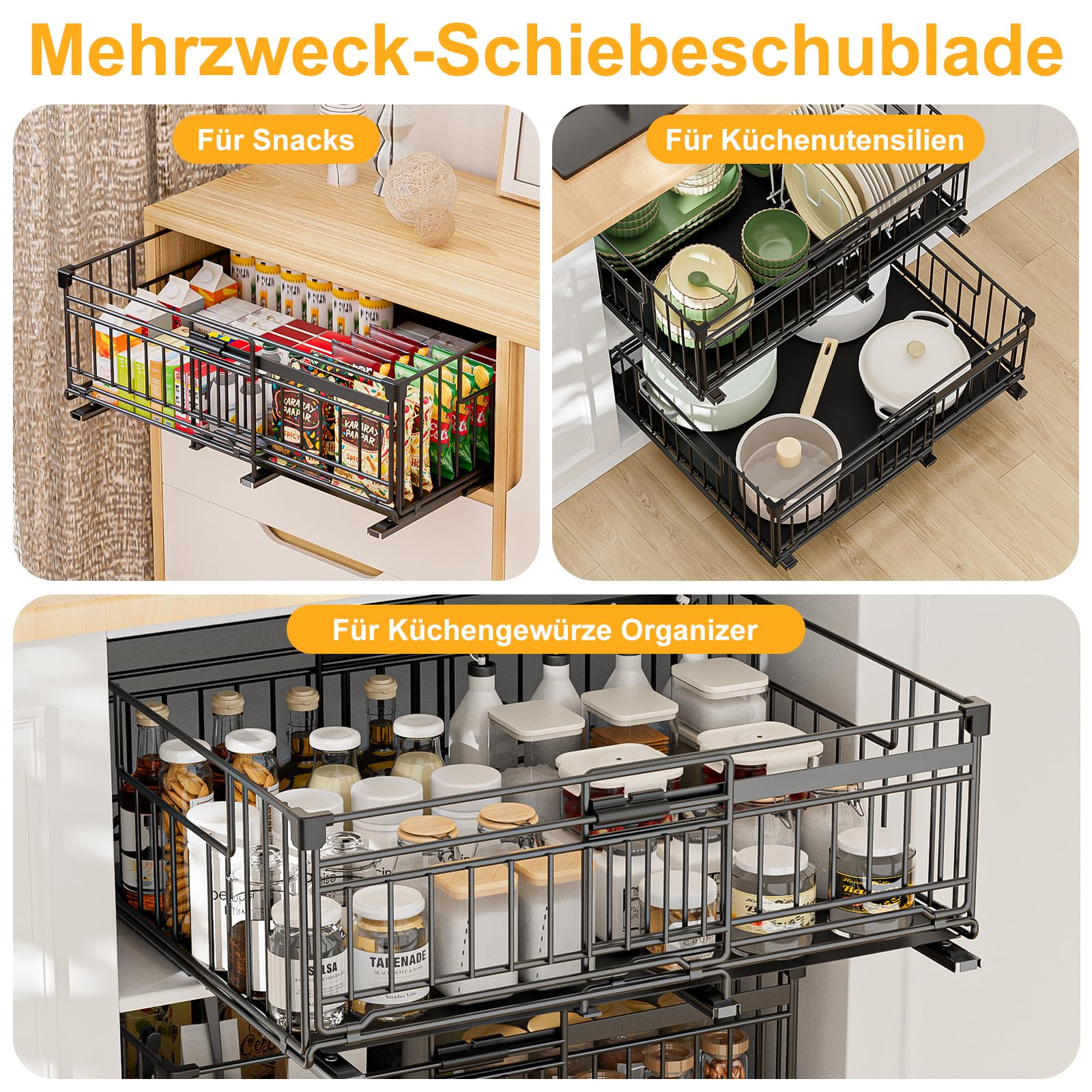 2 Stück Teleskopschublade Ausziehbare Schublade Küche Schubladen Küchenschrank Organizer Küche mit Klebestreifen Ausziehbar Schrank Organizer Kein Bohren Expandierbare Breite 33-50*38*17cm