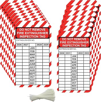 25 Pcs 3.25 x 5.75 2026-2033 Fire Extinguisher Tags with Wire Ties | Monthly Inspection Record Tags 8-Year Maintenance Inspection Record Tag for Indoor Outdoor
