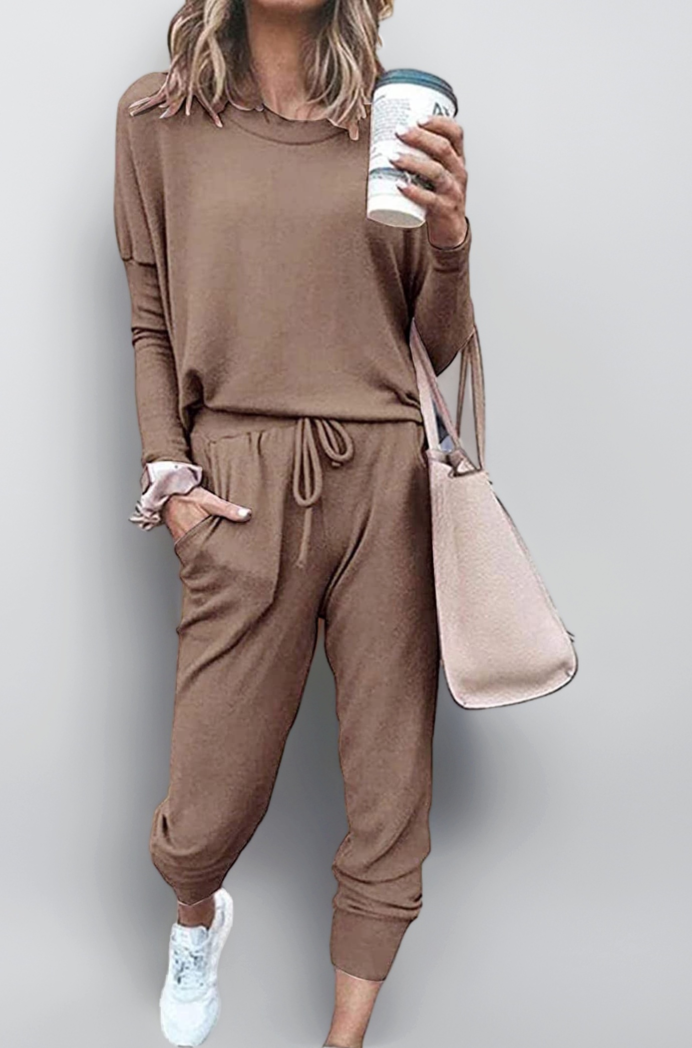 PRETTYGARDEN Women Fall 2 Piece Lounge Outfit Long Sleeve Tops High Waisted Jogger Pants Set Spring Travel Clothes Tracksuit, Dark Khaki, Large